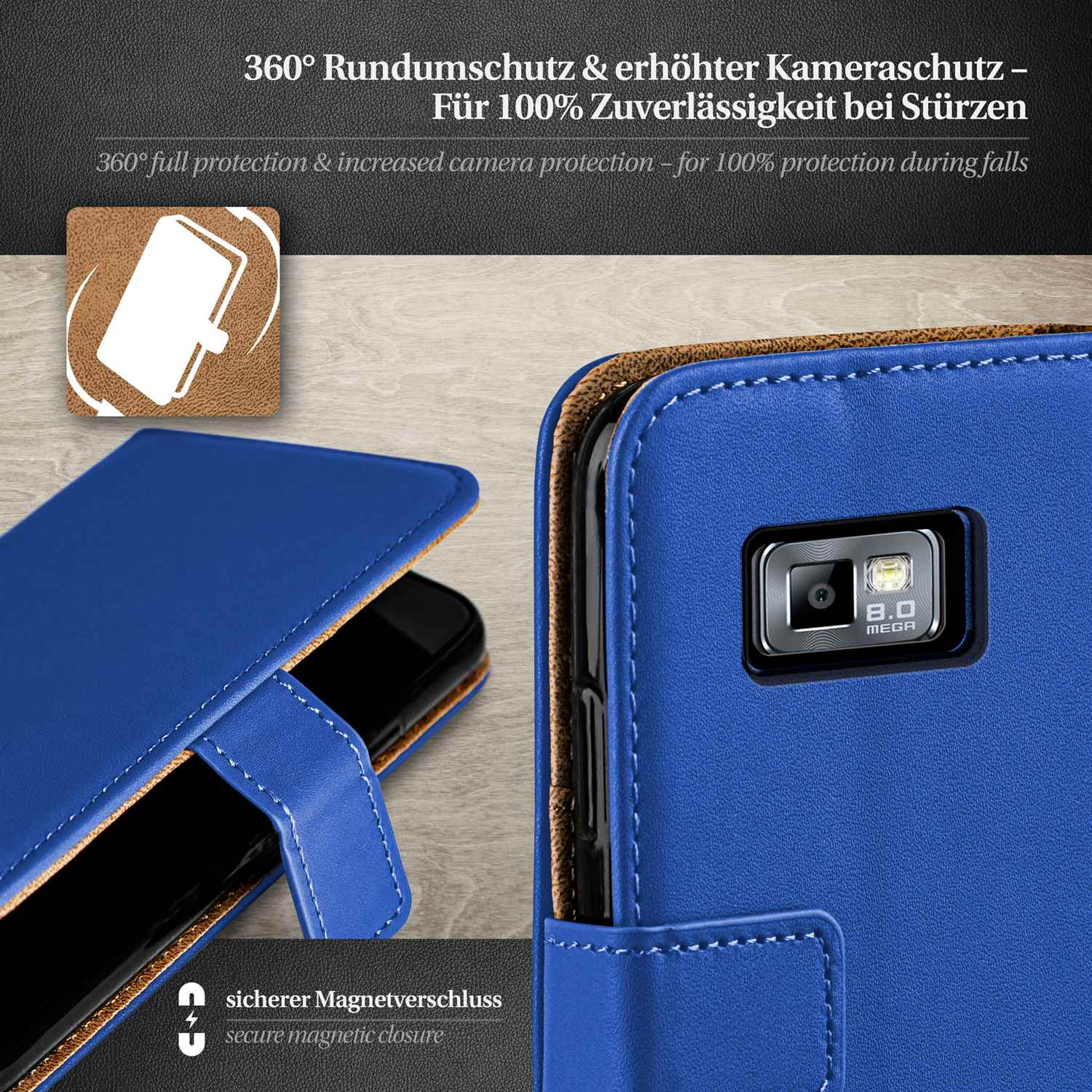 Blaue Handyhülle offen, zeigt ein Telefon mit der Kamera. Ein Etikett sagt 8.0 Mega.