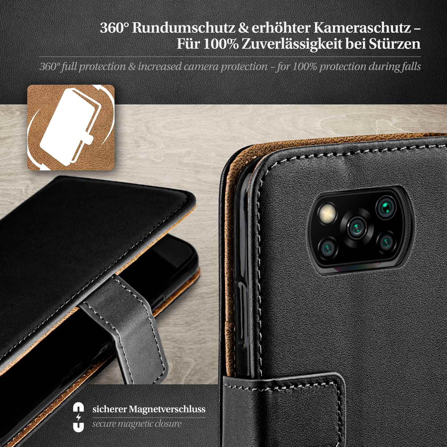 Schwarze Handyhülle mit schwarzem Cover. Ein Telefon mit Kamera ist sichtbar. Weiße Nähte.
