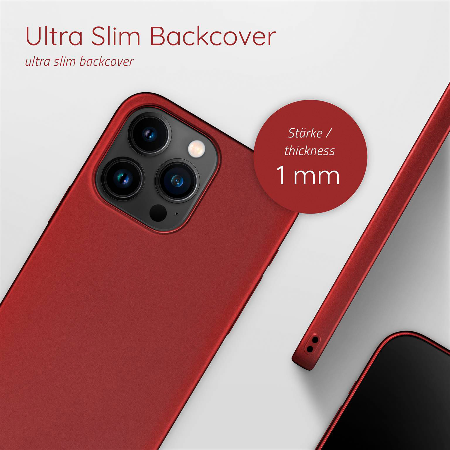 Rote Handyhülle auf einem Telefon. Die Dicke beträgt 1 mm. Die Handyhülle befindet sich auf einer weißen Oberfläche.