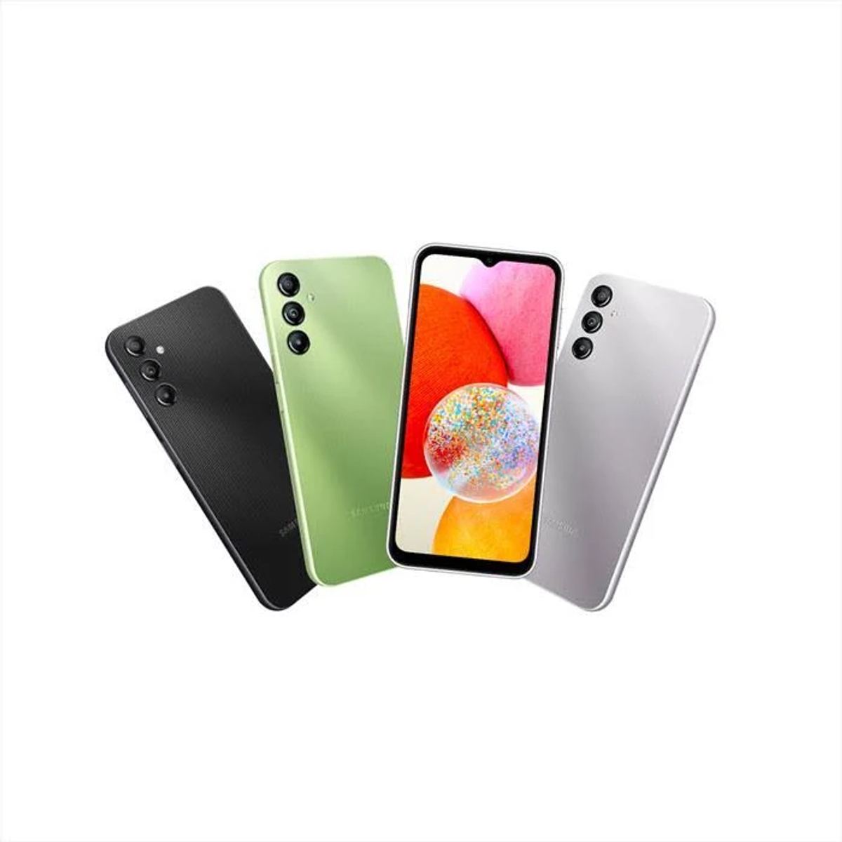 Quattro smartphone, nero, verde, bianco e argento, angolati. Display colorato.