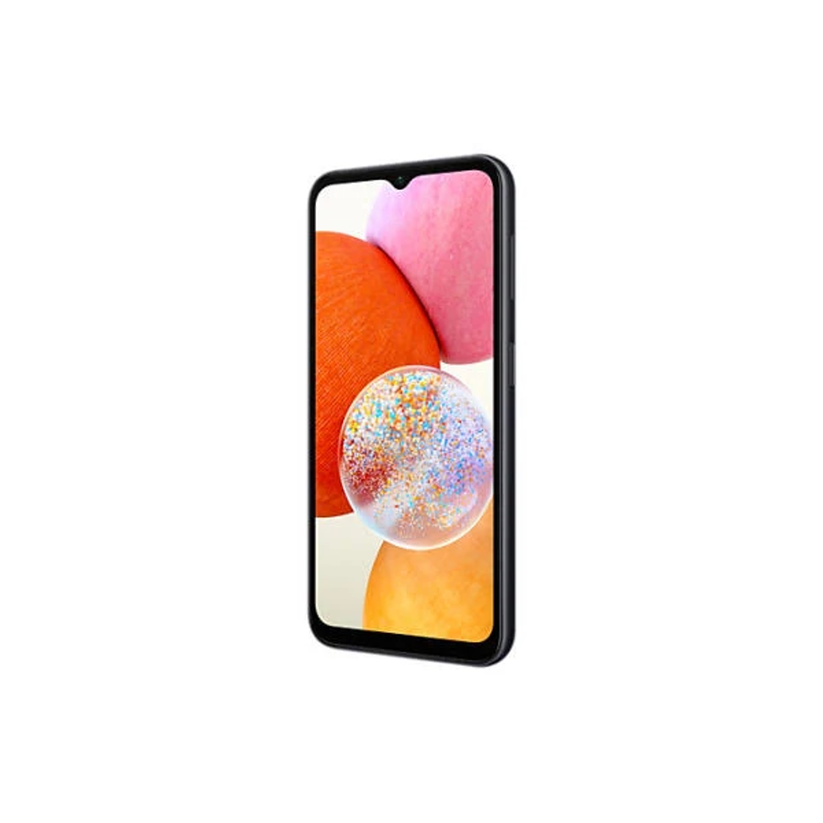 Uno smartphone nero mostra un motivo astratto arancione e rosa sullo schermo.
