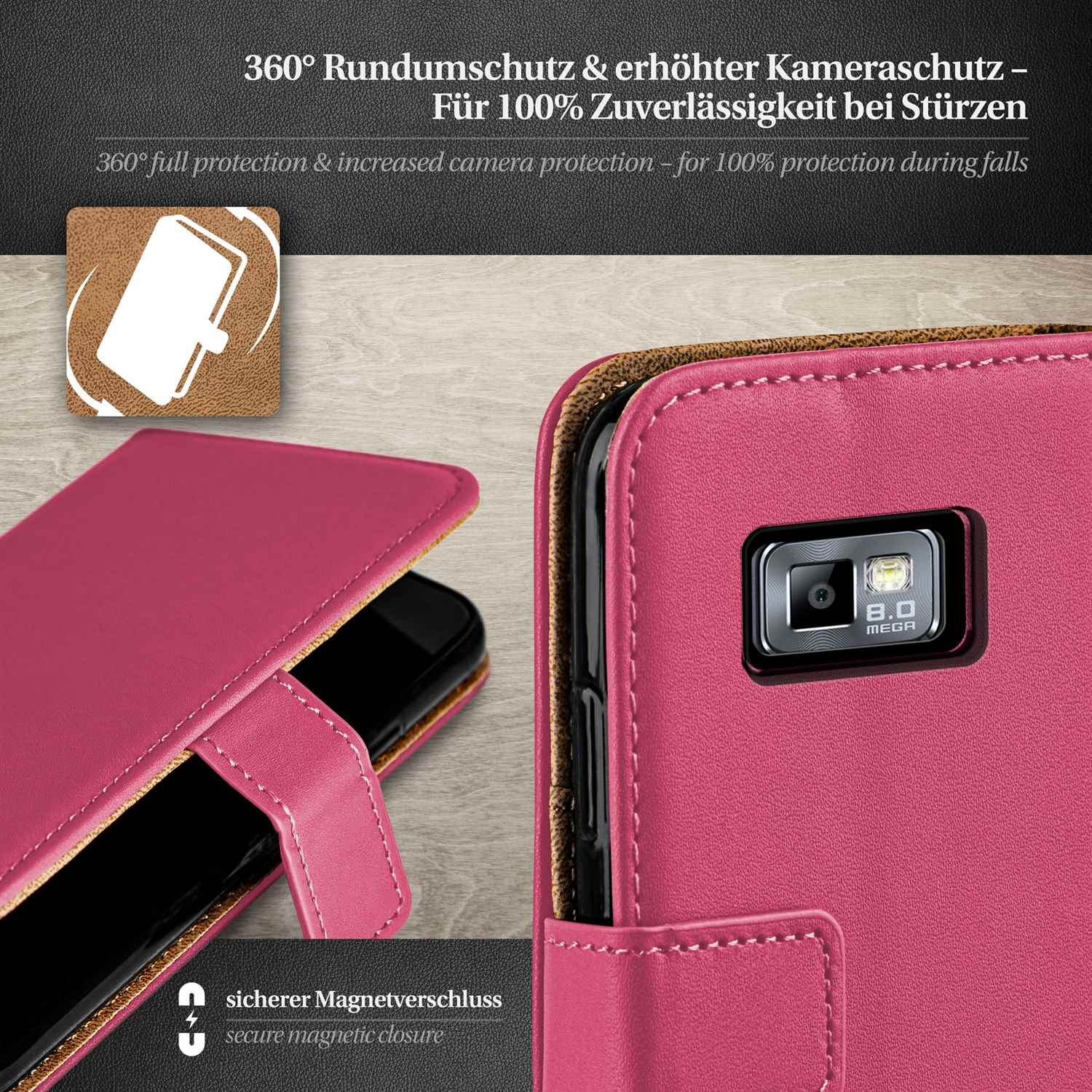 Rosa Handyhülle mit Kamera. Text: 360° Schutz, sicherer Magnetverschluss.