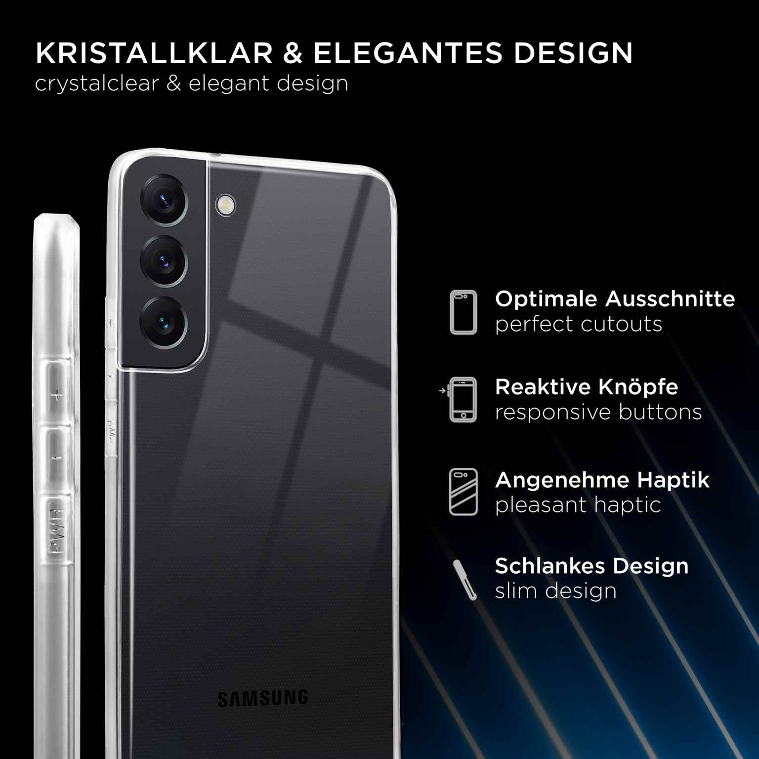 Eine transparente Handyhülle. Text hebt Ausschnitte, Knöpfe, angenehme Haptik und schlankes Design hervor.
