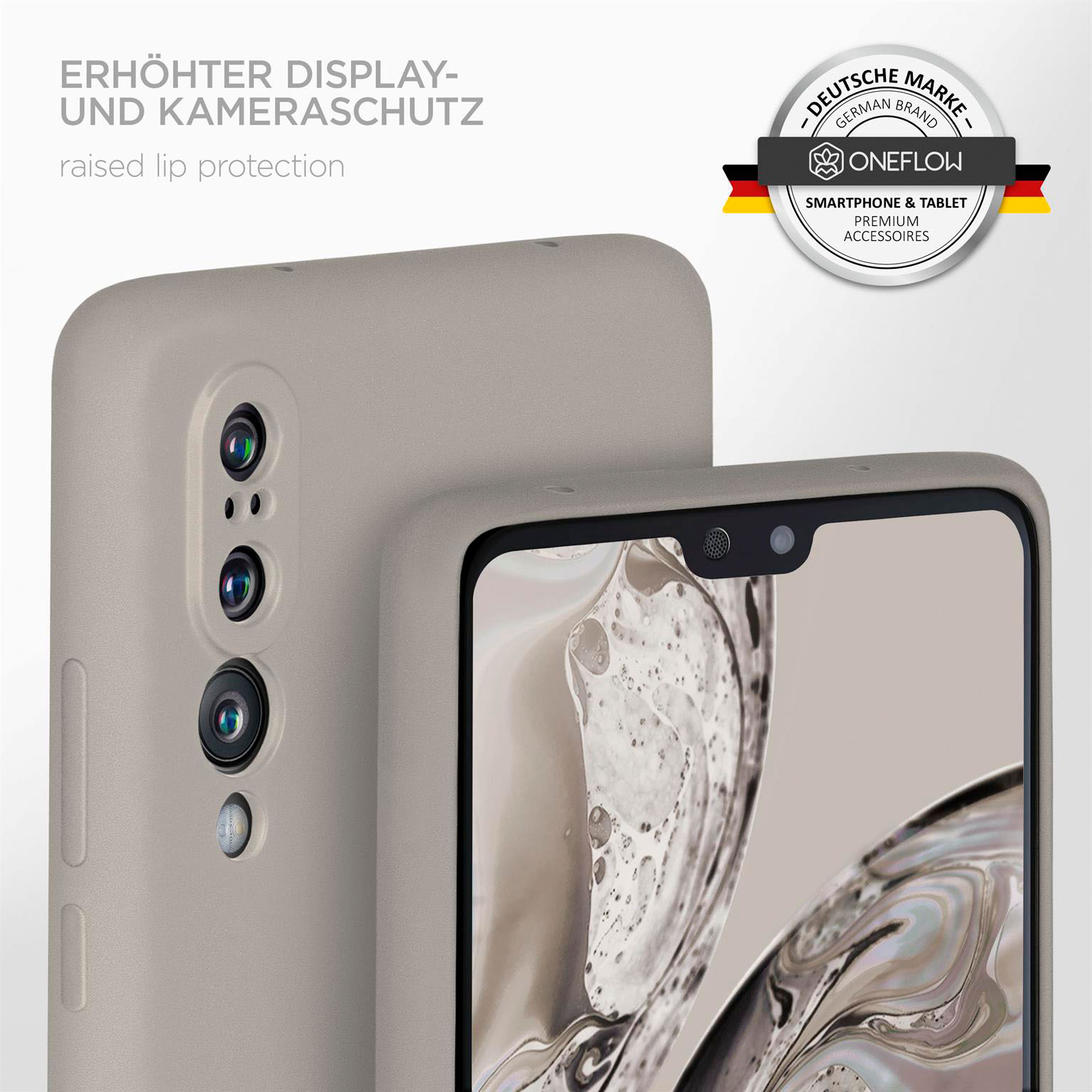 Zwei graue Handyhüllen, eine mit dem Telefon darin. Das Telefon hat einen schwarzen Bildschirm.