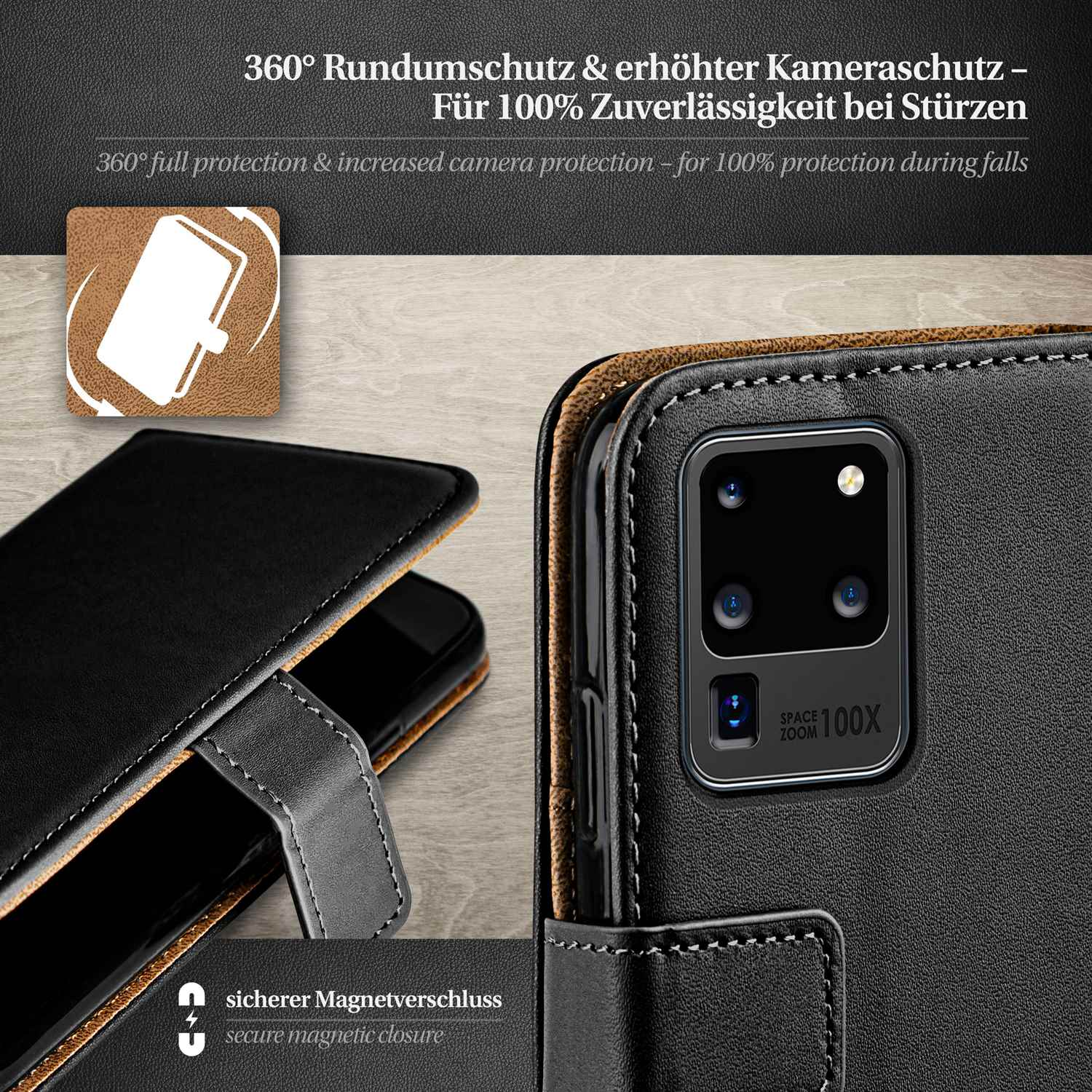 Schwarze Leder-Handyhülle. Text: 360° Rundumschutz & erhöhter Kameraschutz.