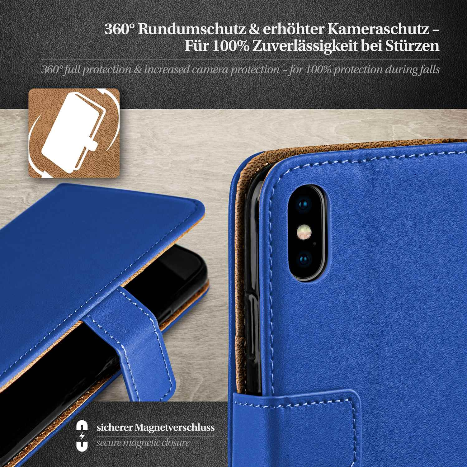 Blaue Handyhülle, zeigt ein Telefon darin. Text: 360° Rundumschutz und erhöhter Kameraschutz.