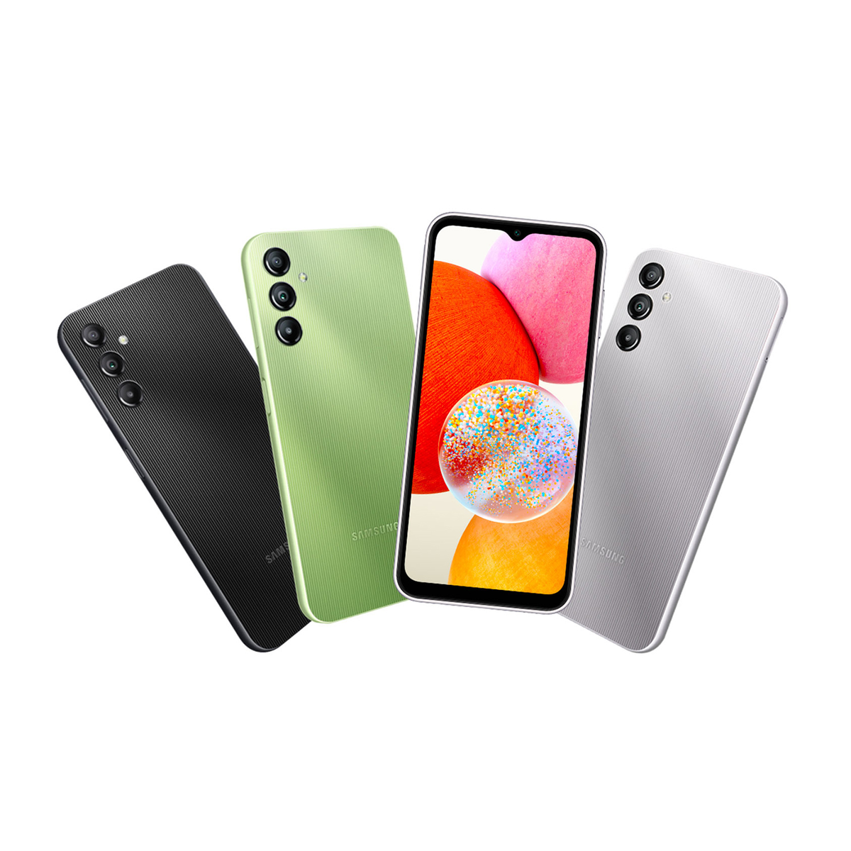 Quattro smartphone colorati: nero, verde, argento e un telefono con un display che mostra forme colorate.