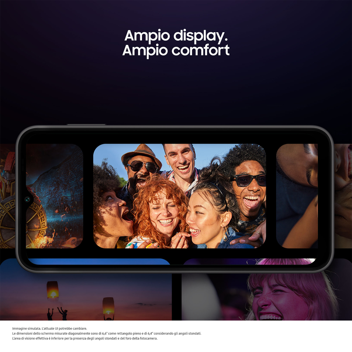 Schermo di smartphone che mostra varie persone sorridenti e che ridono. Sovrapposizione di testo: "Ampio display. Ampio comfort."