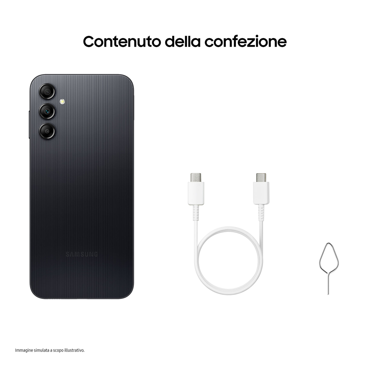 Telefono nero, cavo USB-C bianco, strumento espulsione SIM su superficie bianca.