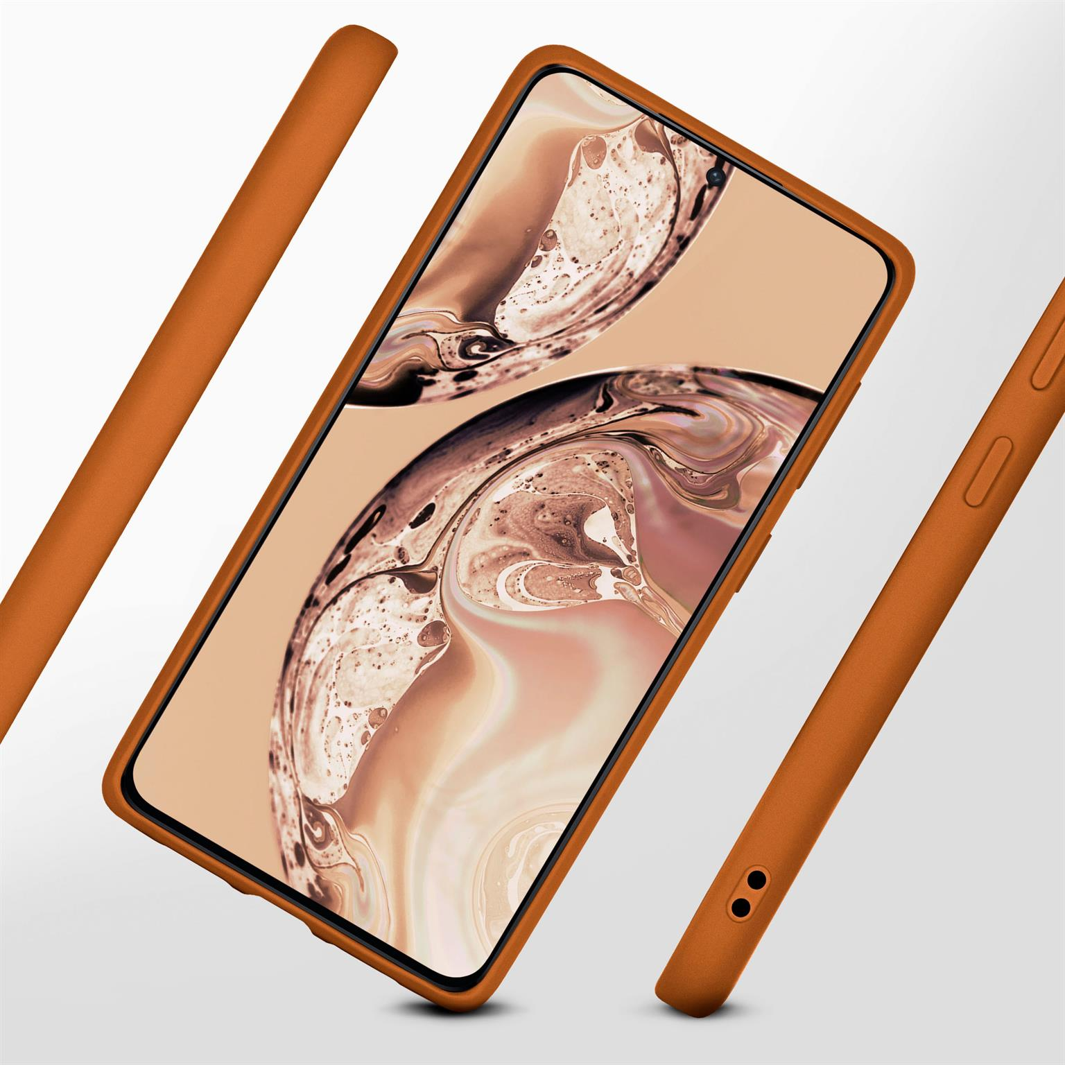 Orangefarbene Handyhülle mit Display. Mehrere Teile der Hülle werden angezeigt.