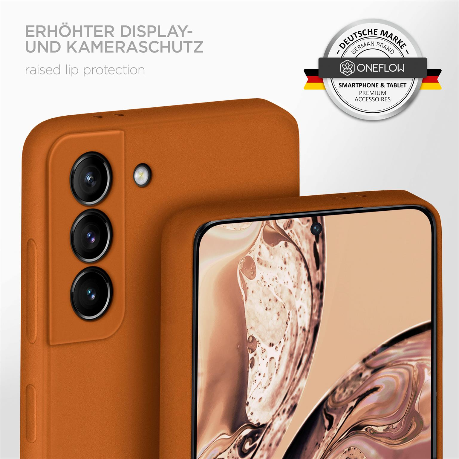 Oranges Telefon mit Kameralinsen. Erhöhter Lippenschutz. Markenlogo im Hintergrund.