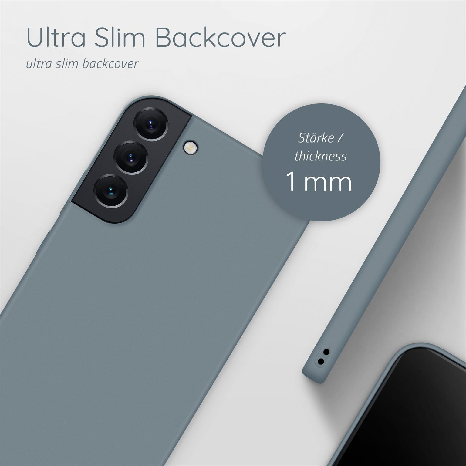 Graue Handyhülle auf einem Telefon. Gehäuse ist ultradünn, 1 mm dick. Telefon ist grau.