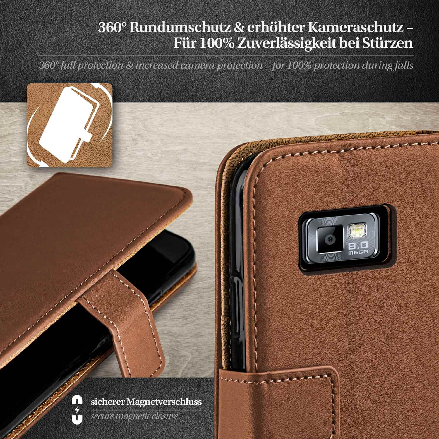 Braune Handyhülle mit Telefon. Text: 360° Schutz.