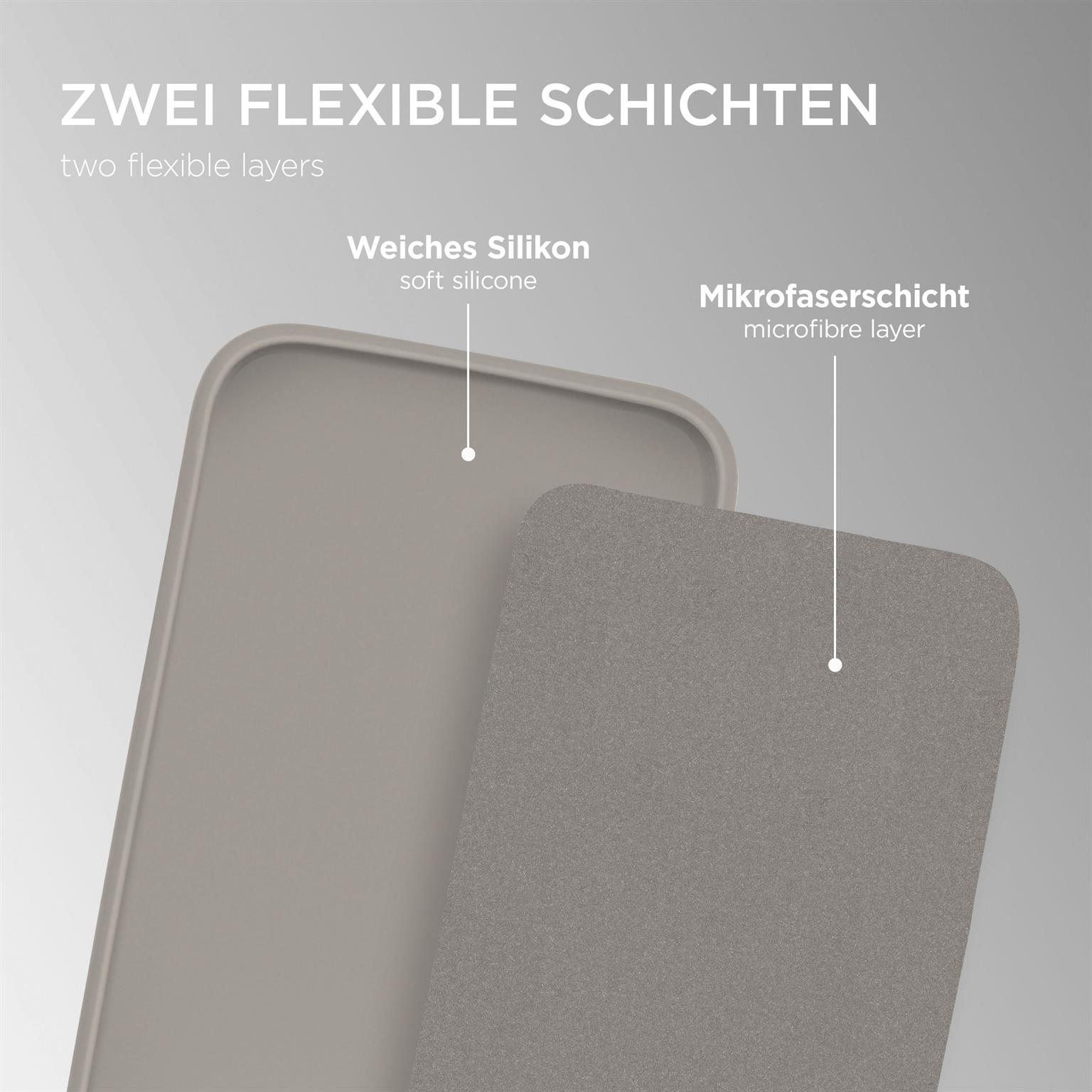 Zwei Schichten Handyhüllenmaterial, weiches Silikon und Mikrofaser Schicht, werden gezeigt.
