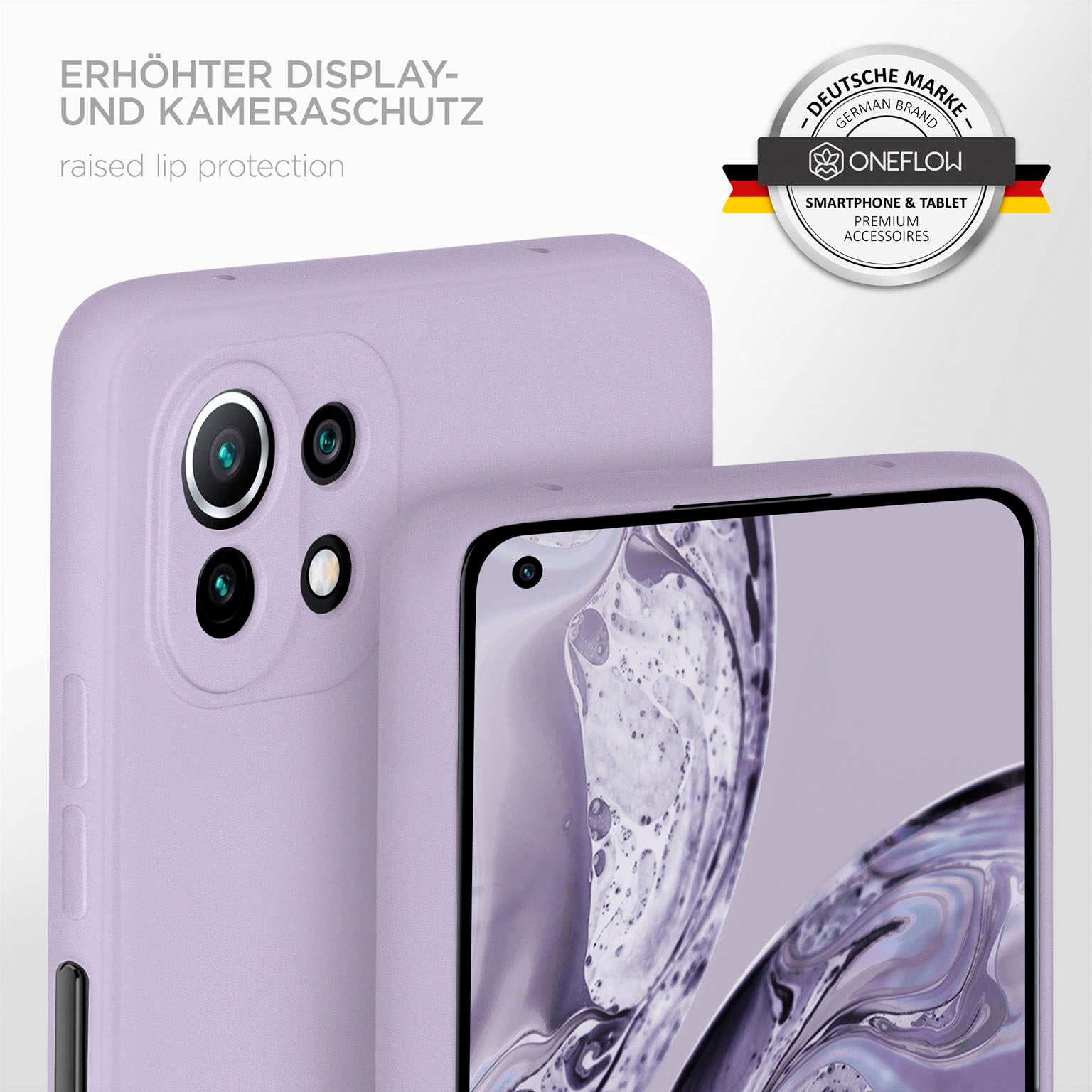 Zwei lavendelfarbene Handyhüllen. Eine bedeckt ein Telefon, die andere zeigt die Kamera. Ein deutsches Markenlogo ist vorhanden.