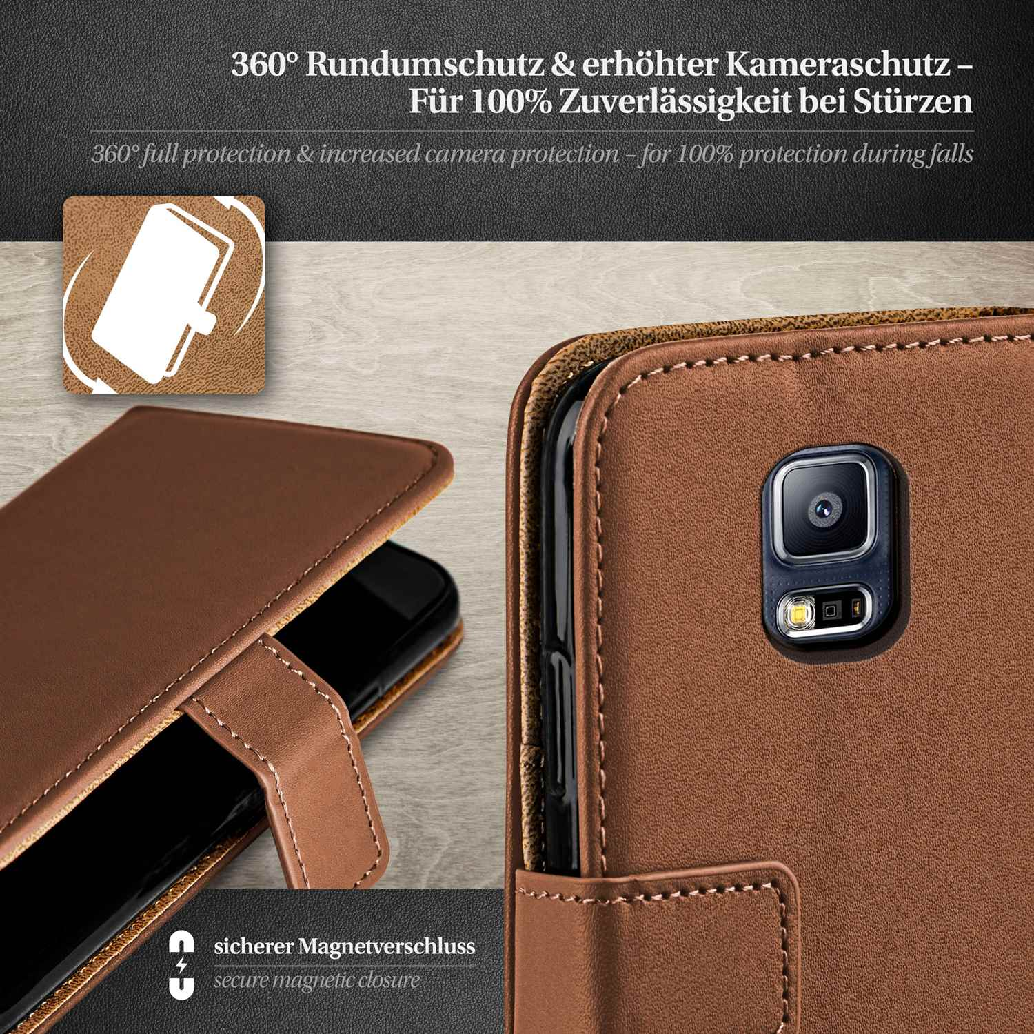 Braune Handyhülle mit Telefon. Nahaufnahme der Kamera.