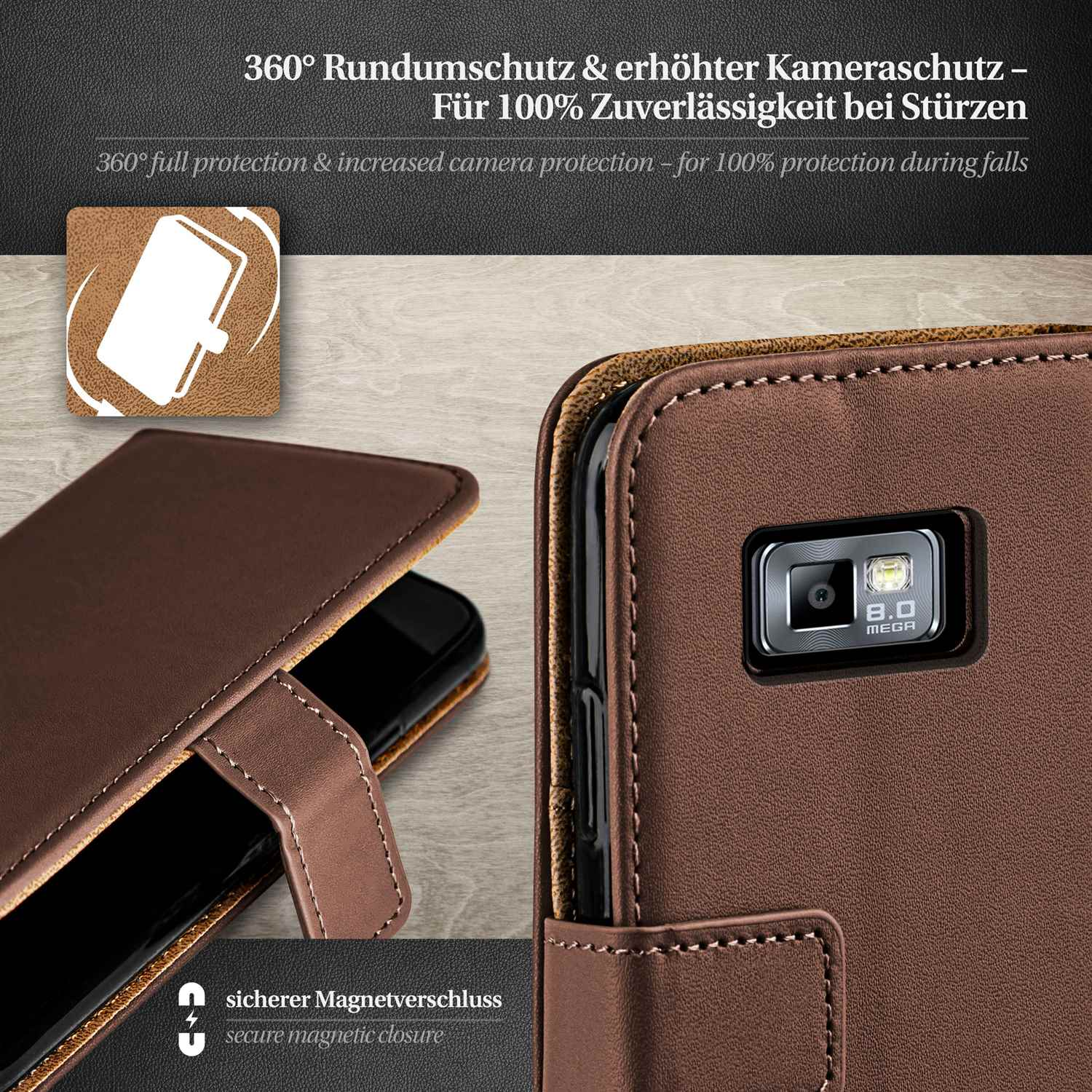 Braune Handyhülle offen, mit Telefon. Eine Kamera ist sichtbar.