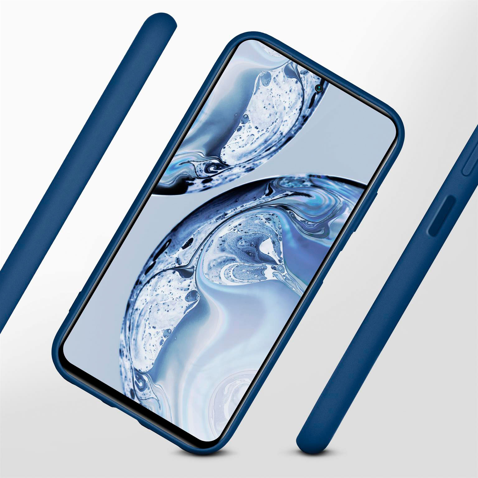 Blaue Handyhülle mit Telefon. Die Hülle hat Kanten und ist leicht geneigt.