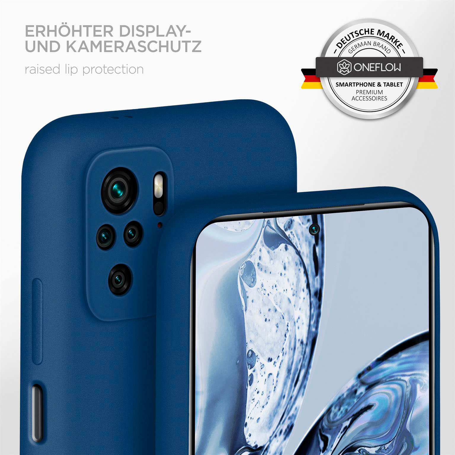 Blaue Handyhülle mit erhöhtem Kameraschutz. Telefon mit sichtbaren Kameradetails. Logo sichtbar.