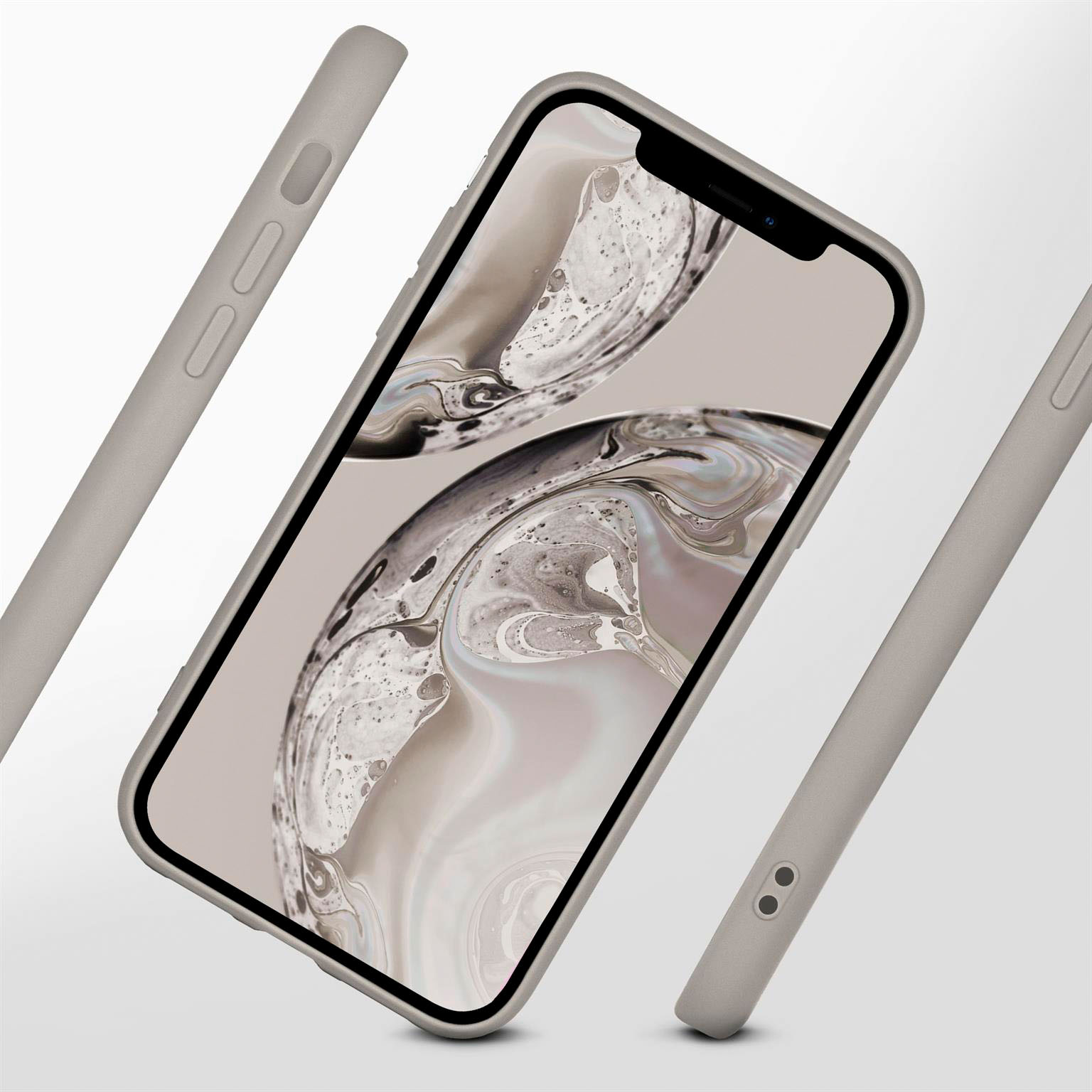Graues Handy in Hülle, Details sichtbar. 2 Hüllen an den Seiten. Telefonbildschirm zeigt verschwommenes Bild.