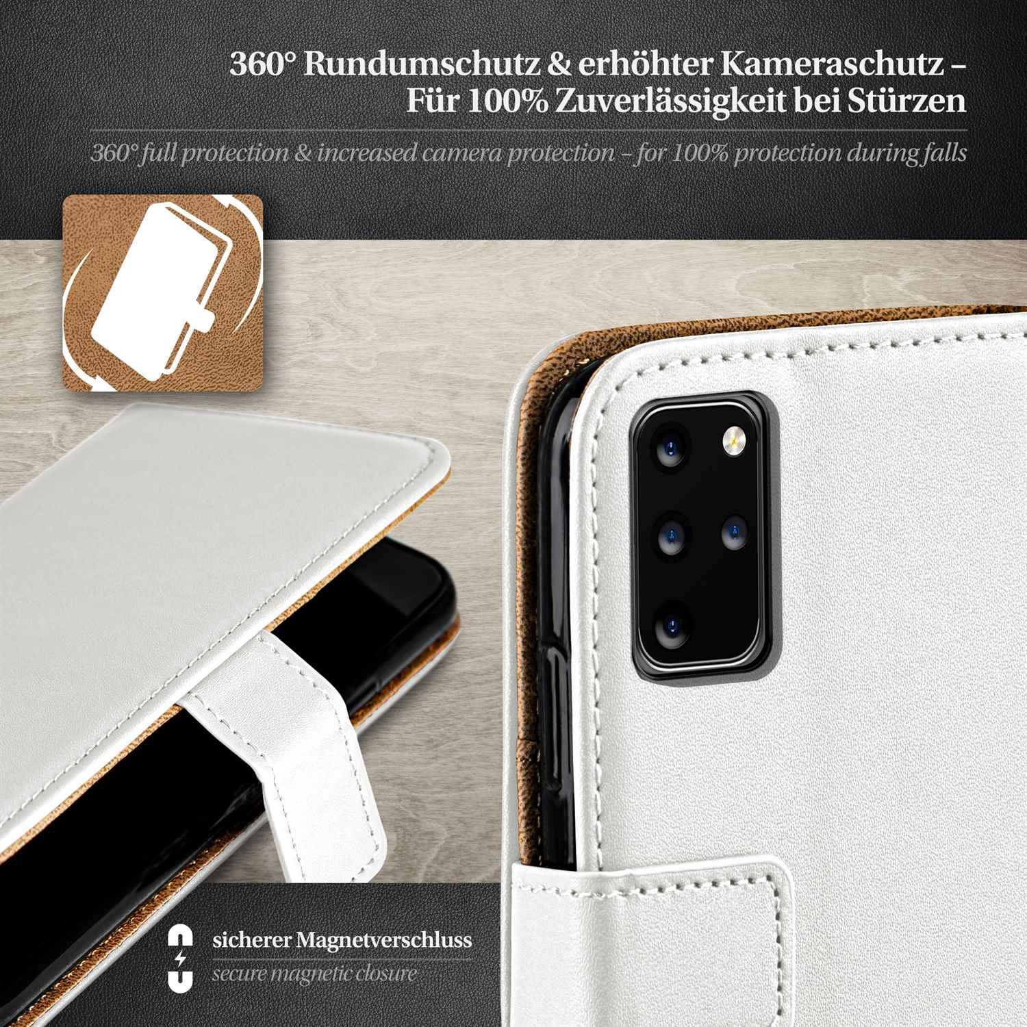 Eine weiße Handyhülle mit Telefon. Sicherer Magnetverschluss. Schwarzes Telefon innen.