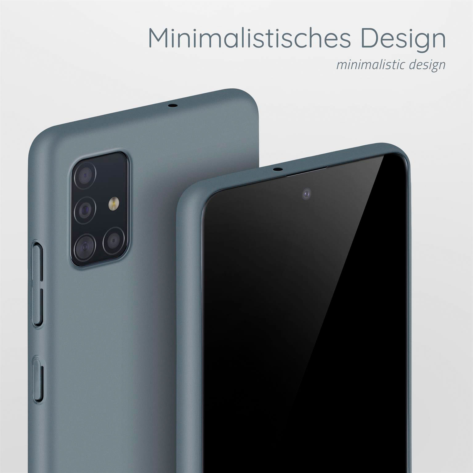 Zwei graue Handyhüllen. Eine im Fokus. Text oben. Der Hintergrund ist weiß.