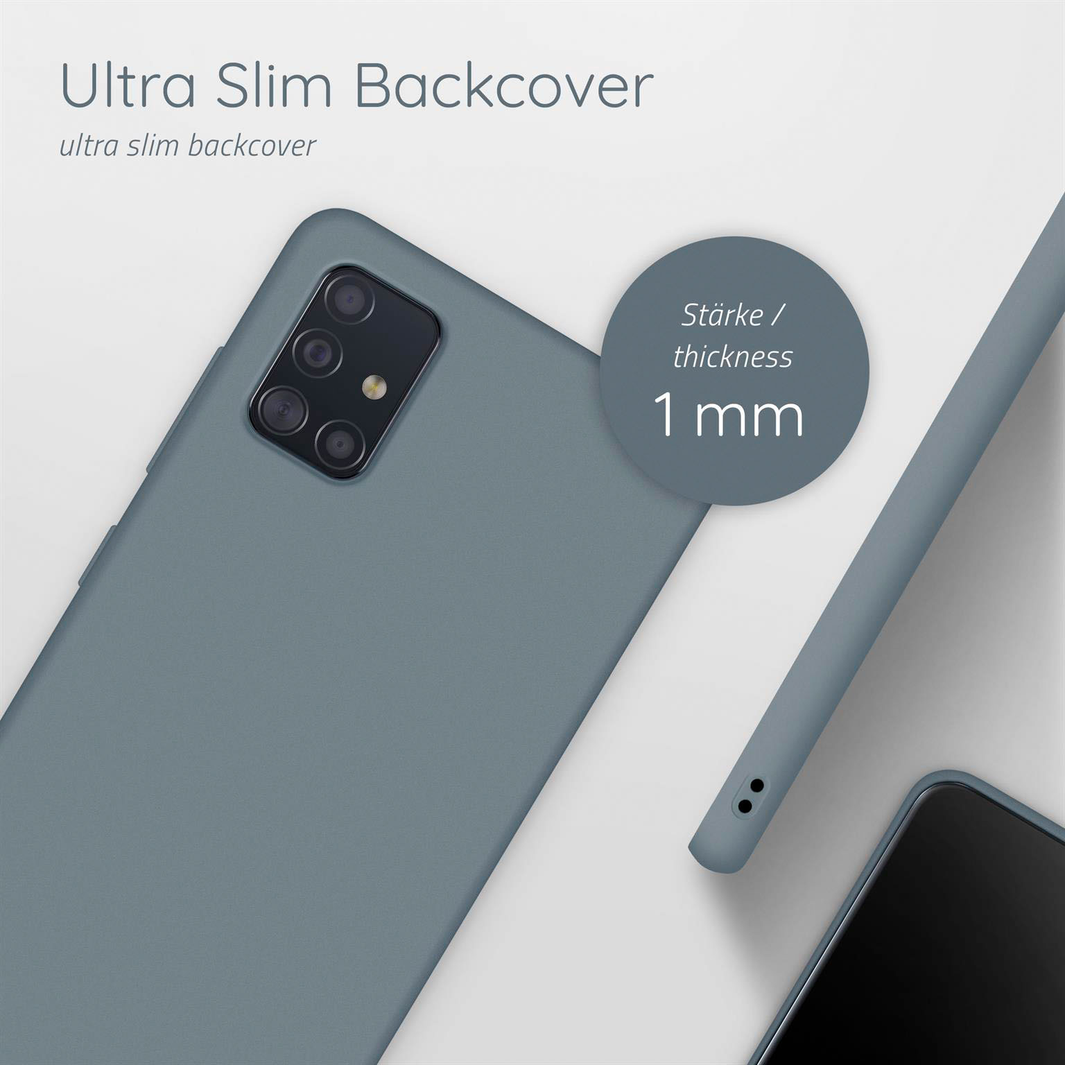 Handyhülle auf grauem Untergrund, Text: Ultra Slim Backcover, Dicke: 1 mm. Telefon hat mehrere Kameras.