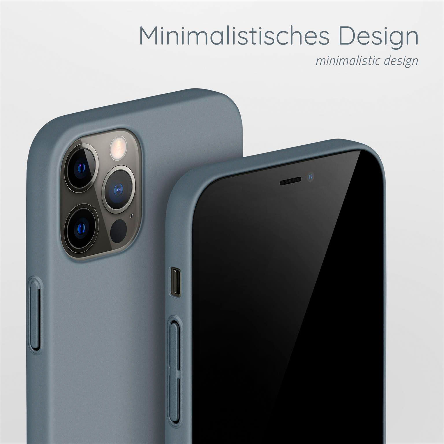 Zwei Smartphones in blauen Hüllen, eines im Fokus, minimalistisches Design, vor hellem Hintergrund.