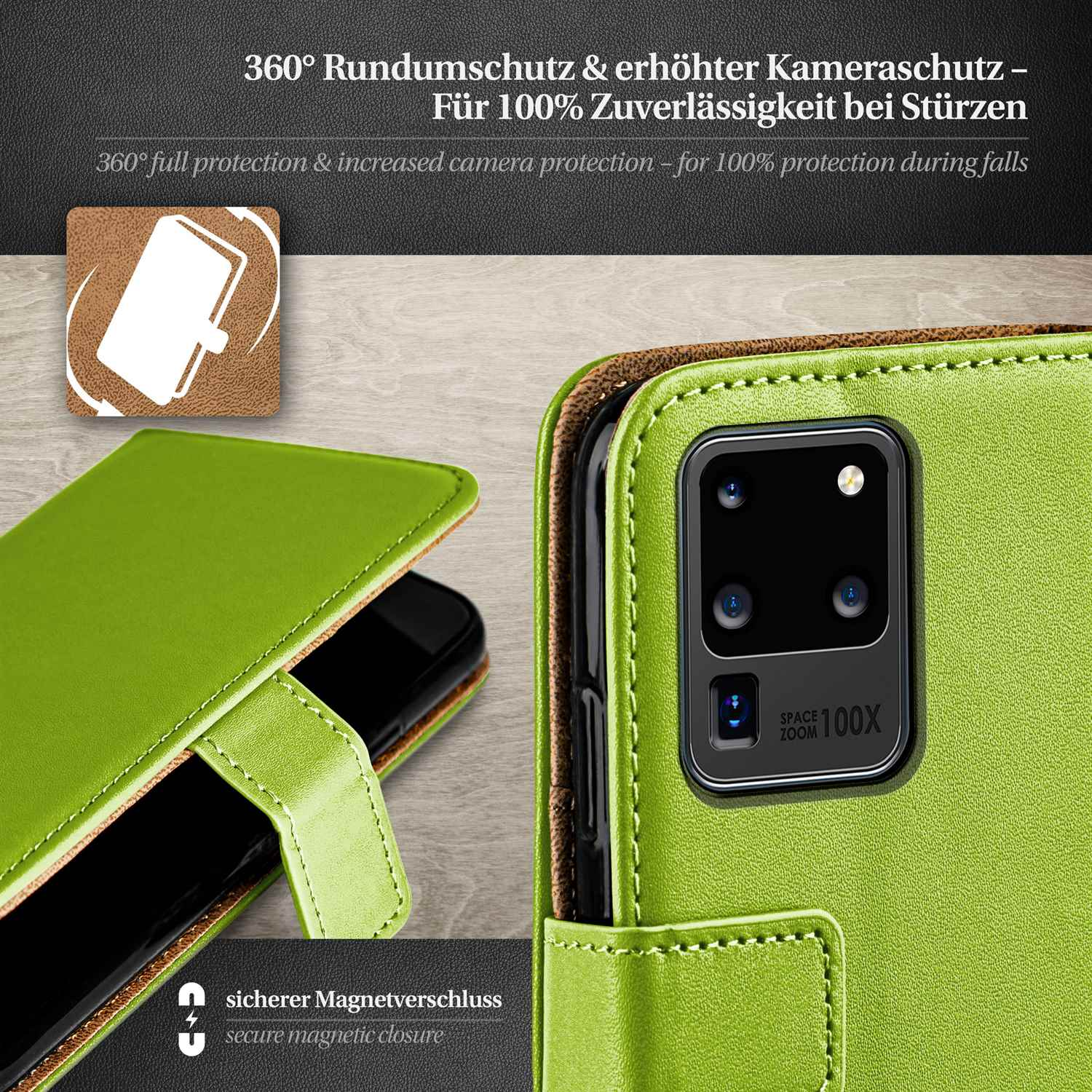 Grüne Handyhülle mit Telefon, Text: 360° Rundumschutz. Telefon hat mehrere Kameras, sicherer Magnetverschluss.