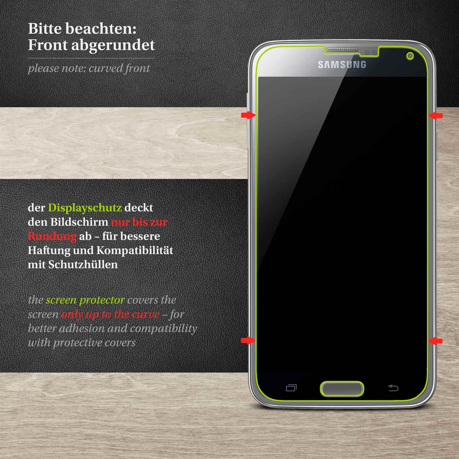 Schwarzes Telefon mit grünem Displayschutz. Das Telefon ist gebogen. Der Hintergrund ist schwarz.