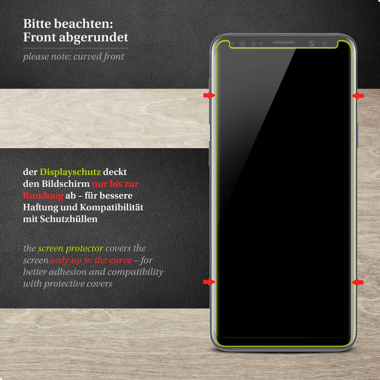 Ein Displayschutz ist auf einem Telefon angebracht. Rote Pfeile zeigen auf die gekrümmten Kanten.