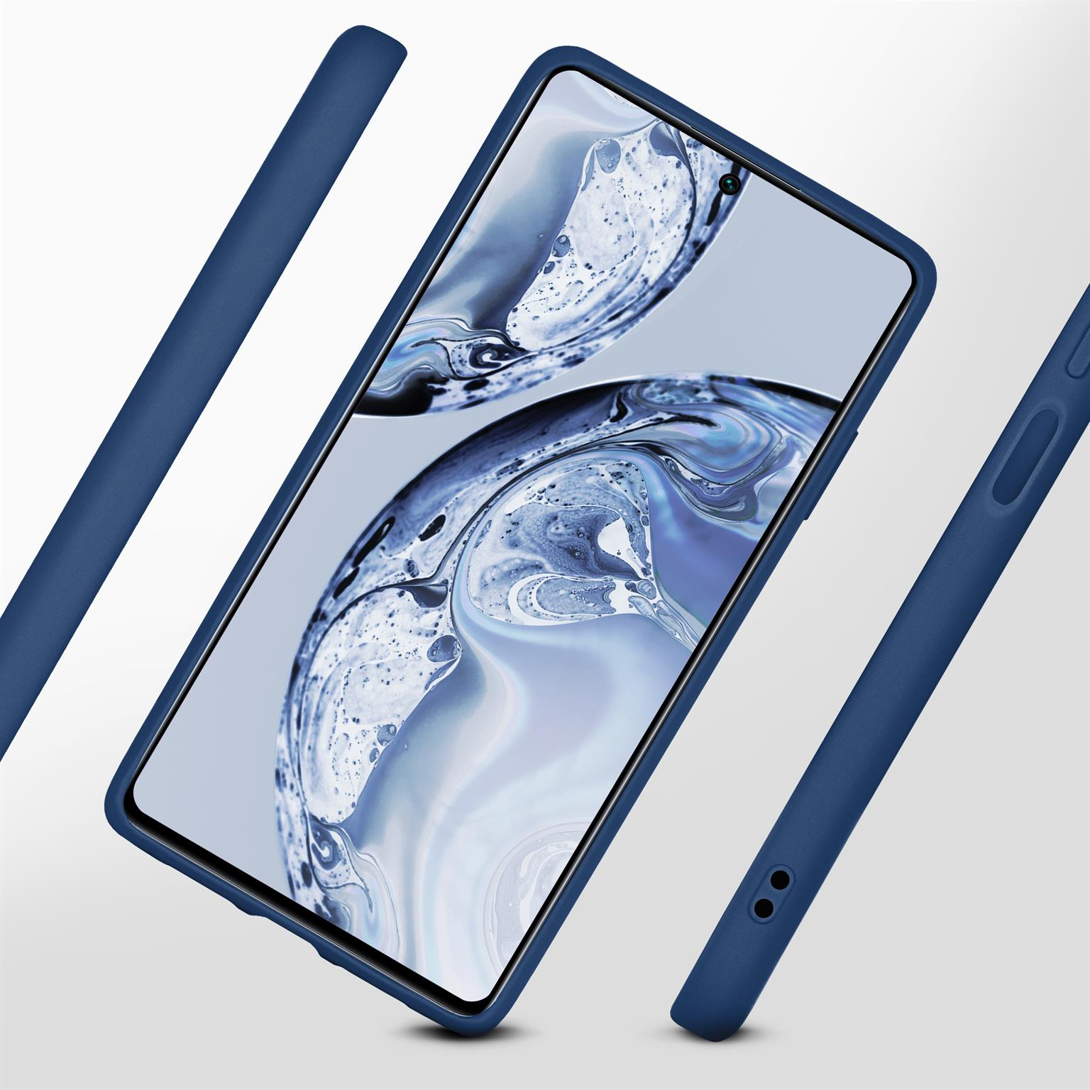 Blaue Handyhülle mit Telefon auf weißem Hintergrund.