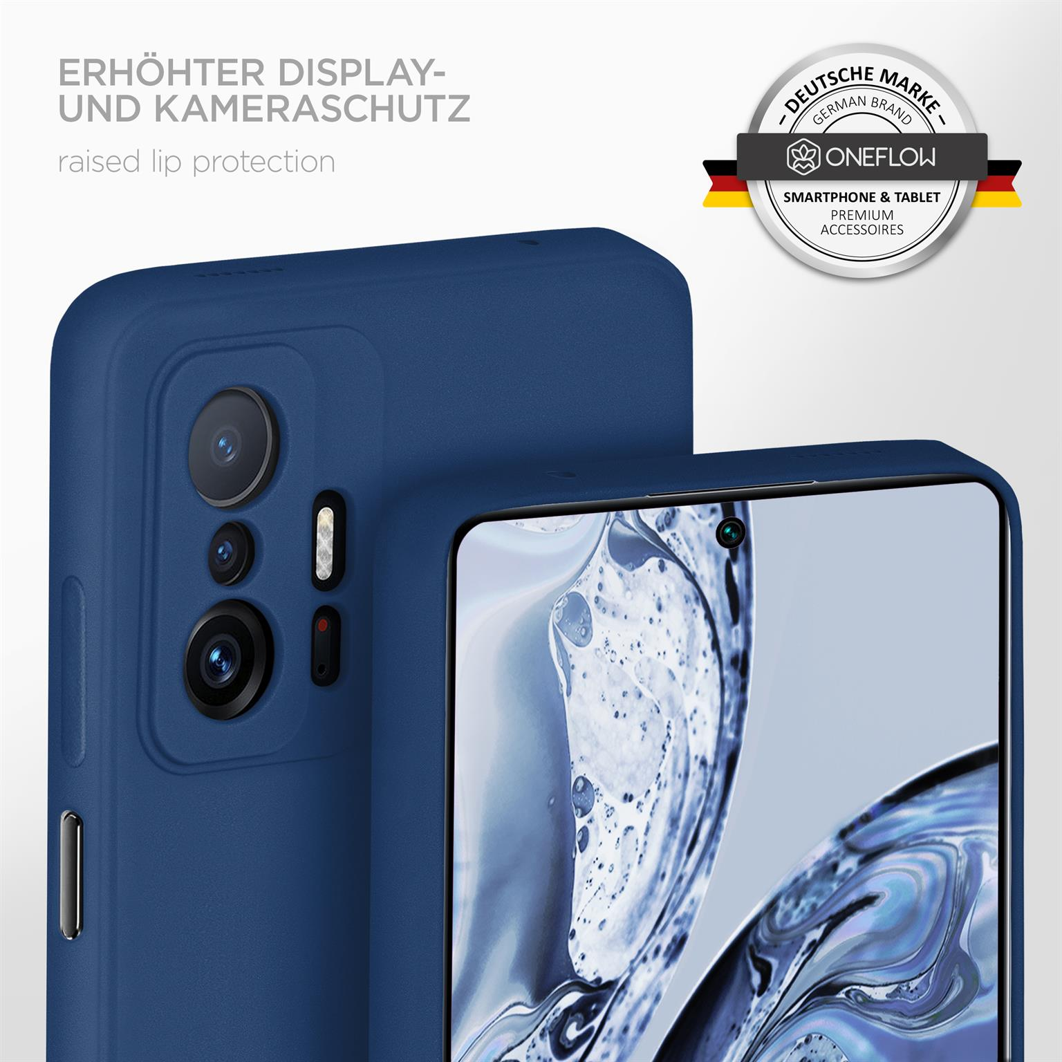 Blaue Handyhülle mit erhöhtem Kamera- und Displayschutz, Markenlogo sichtbar.