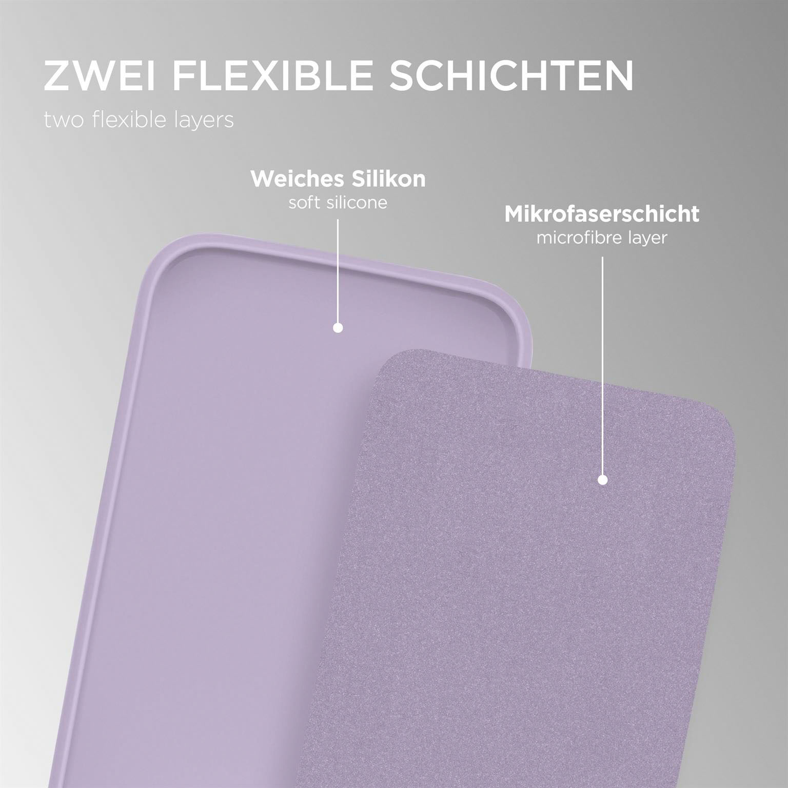 Zwei Schichten einer Handyhülle: weiches lila Silikon und eine lilafarbene Mikrofaser.