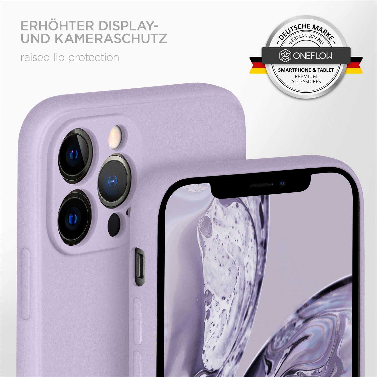 Lila Handyhülle auf dem Telefon. Erhöhter Lippenschutz. Text: erhöhter Lippenschutz. Deutsches Markenlogo vorhanden.