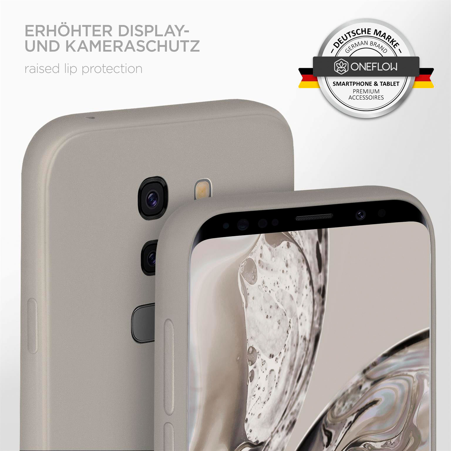Handyhülle mit Handy. Die Hülle ist grau, mit erhöhtem Rand für Kamera und Display.
