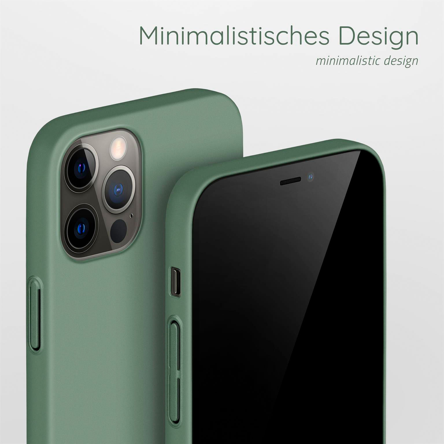Zwei grüne Handyhüllen, eine mit schwarzem Telefon. Weißer Hintergrund.