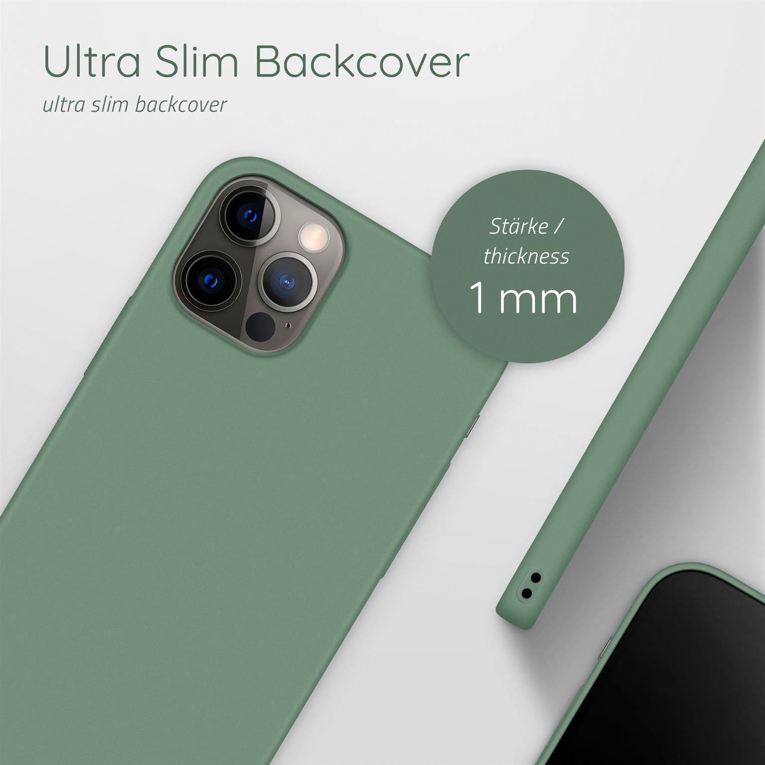 Grüne Handyhülle auf Oberfläche, Text: Ultra Slim Backcover, Dicke: 1 mm. Handyhülle hat mehrere Kameras.