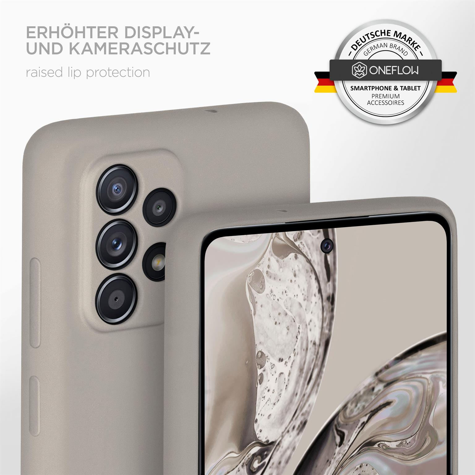 Handyhülle mit erhöhtem Rand, mit Markenlogo und Telefonkamera sichtbar.