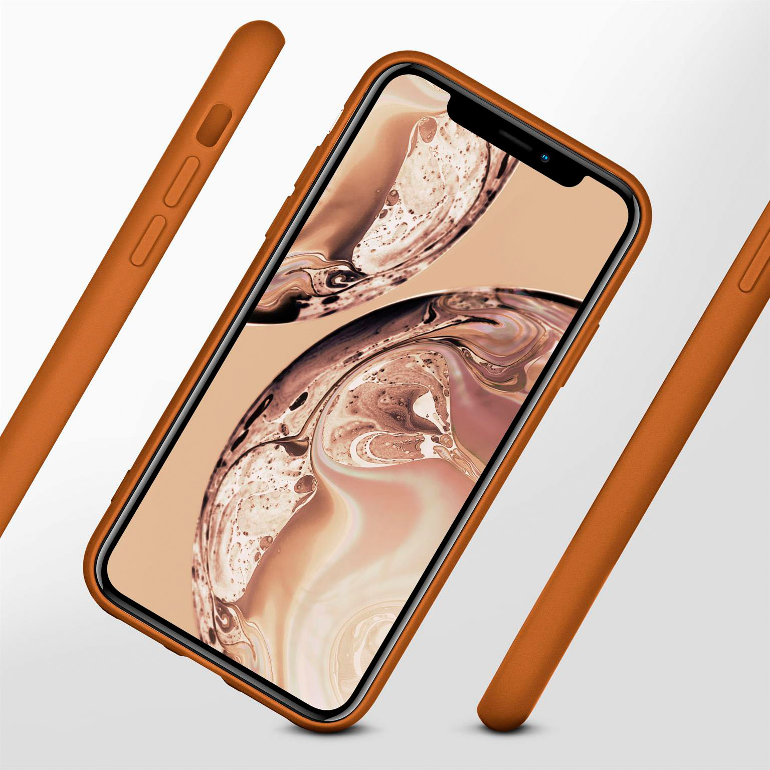 Orangefarbene Handyhülle mit einem Telefon darin. Das Telefon zeigt ein abstraktes Bild. Die Hülle befindet sich auf weißem Grund.