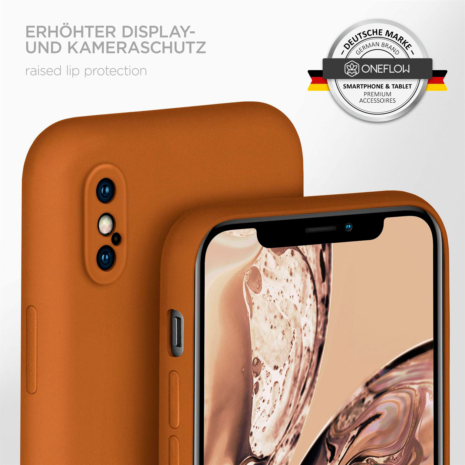 Orangefarbene Handyhülle mit Kamera- und Bildschirmschutz. Das Telefon ist sichtbar. Ein deutsches Markenlogo im Hintergrund.