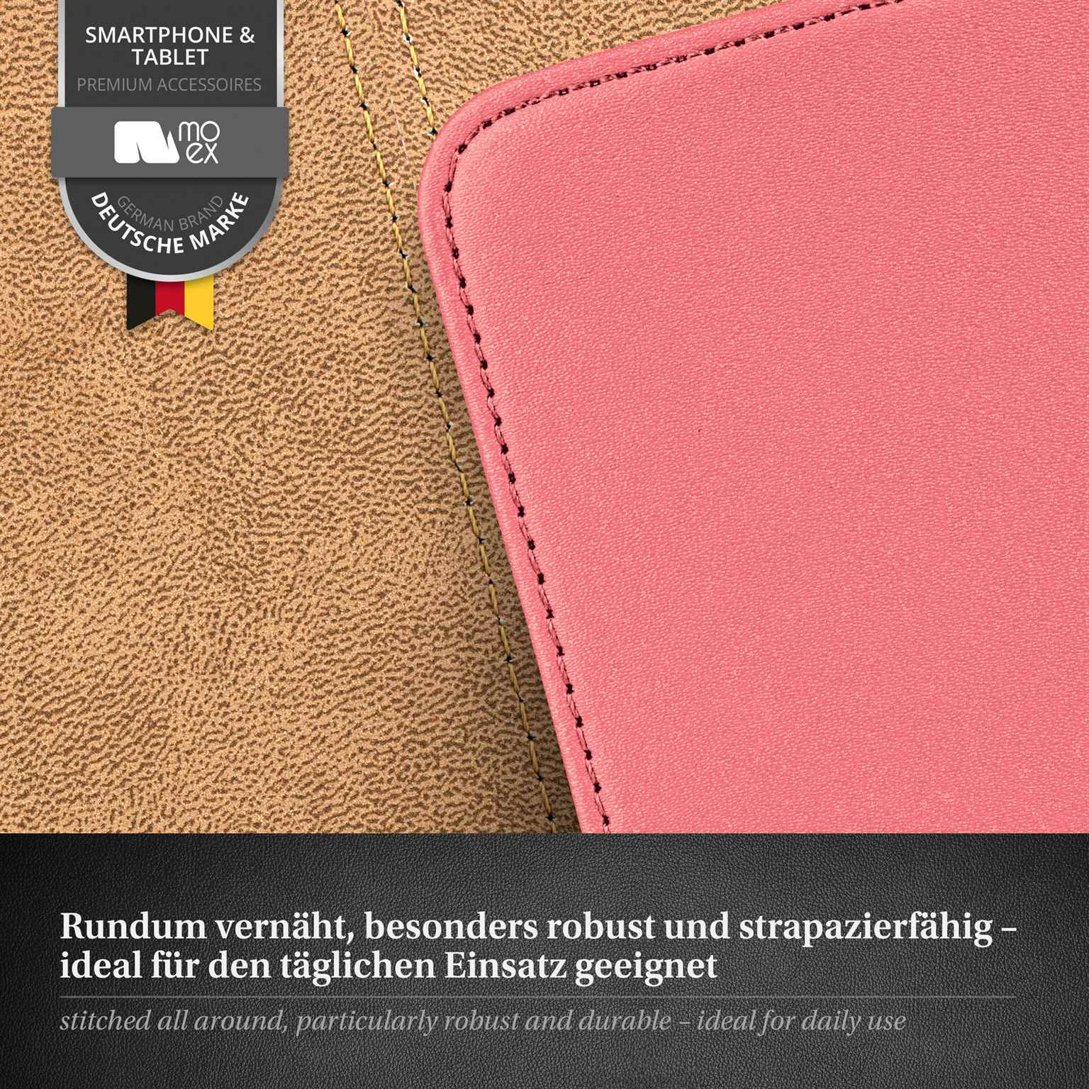 Nahaufnahme einer rosa Handyhülle mit genähtem Rand auf brauner Oberfläche.