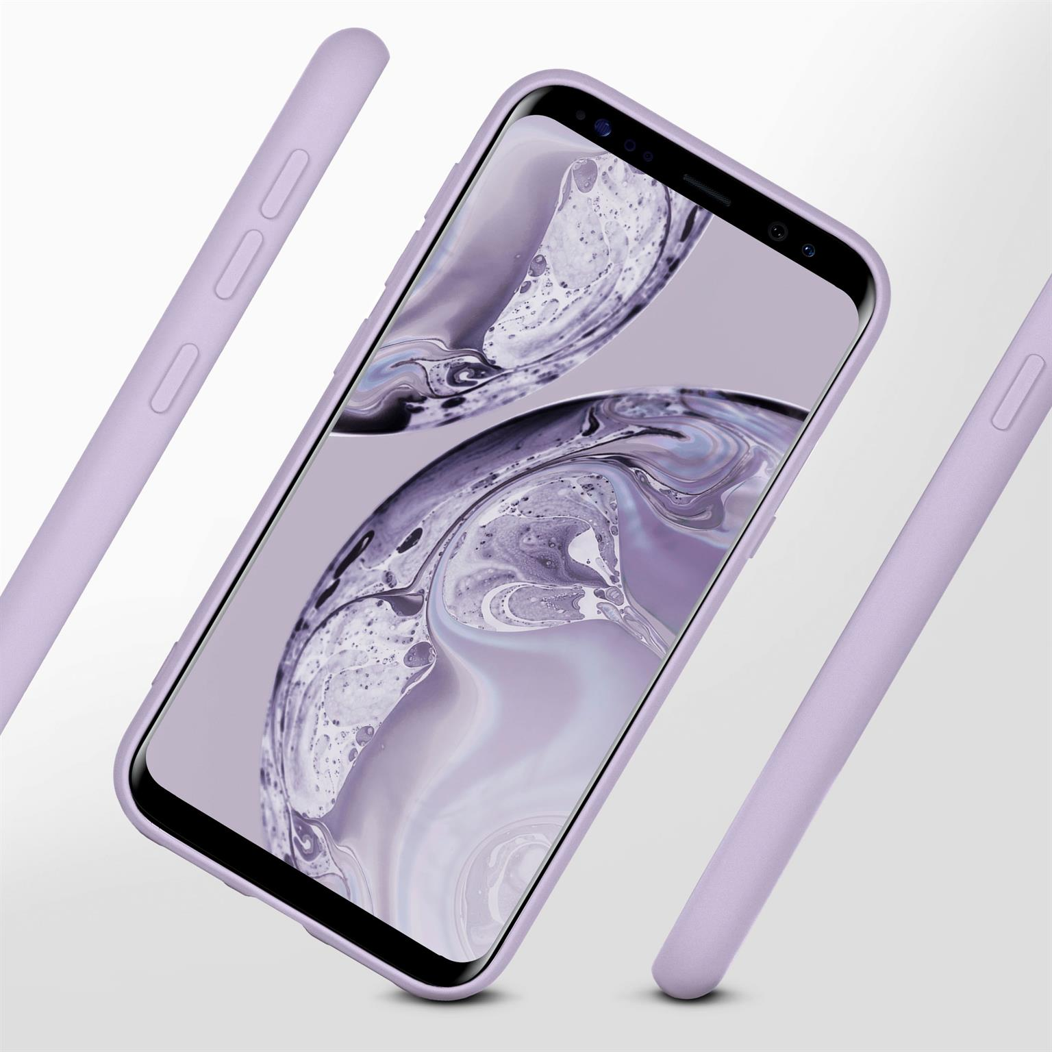 Ein Telefon in einer lila Hülle. Das Telefon ist abgewinkelt. Der Hintergrund ist weiß.