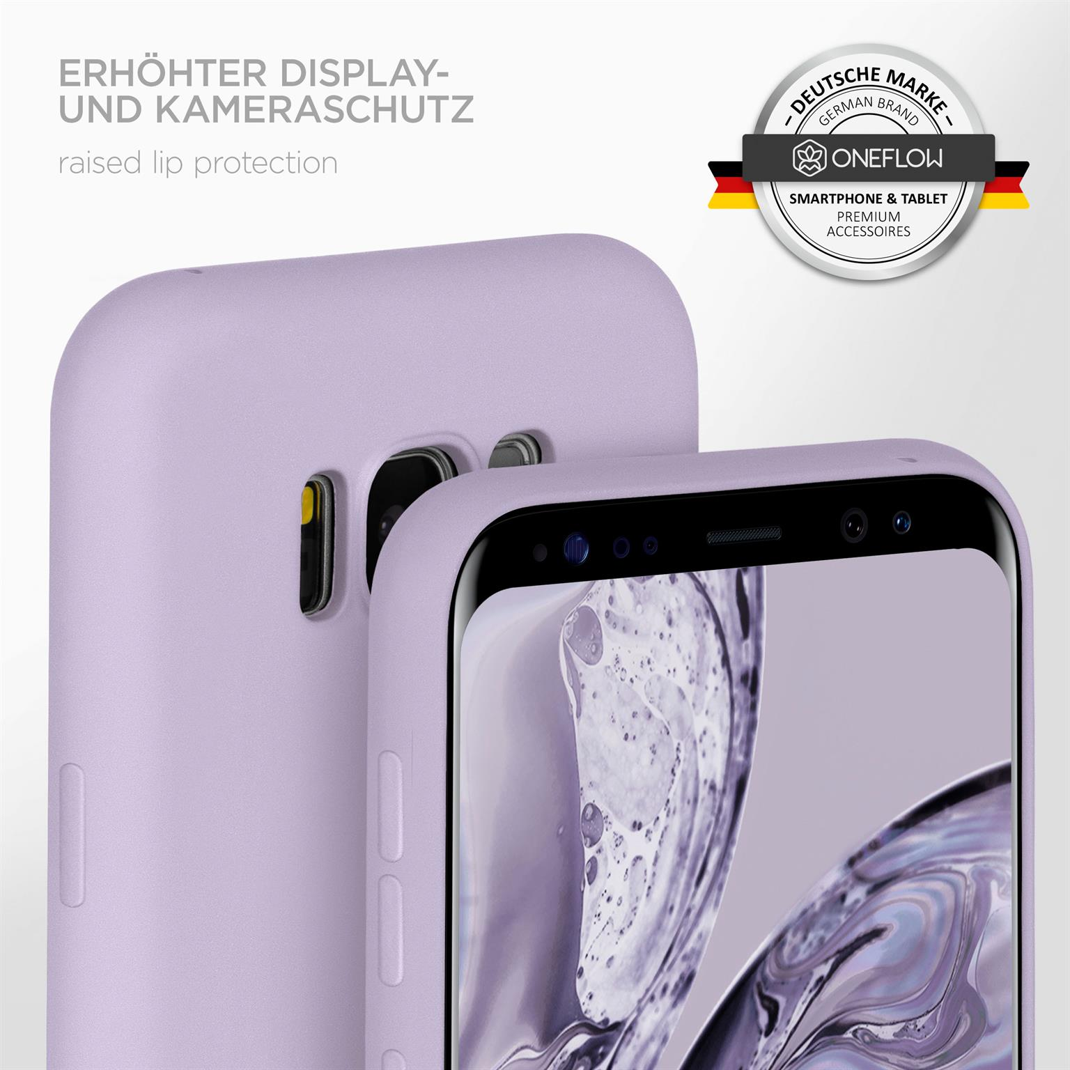Lila Handyhülle. Das Telefon ist sichtbar und zeigt seine Kamera.