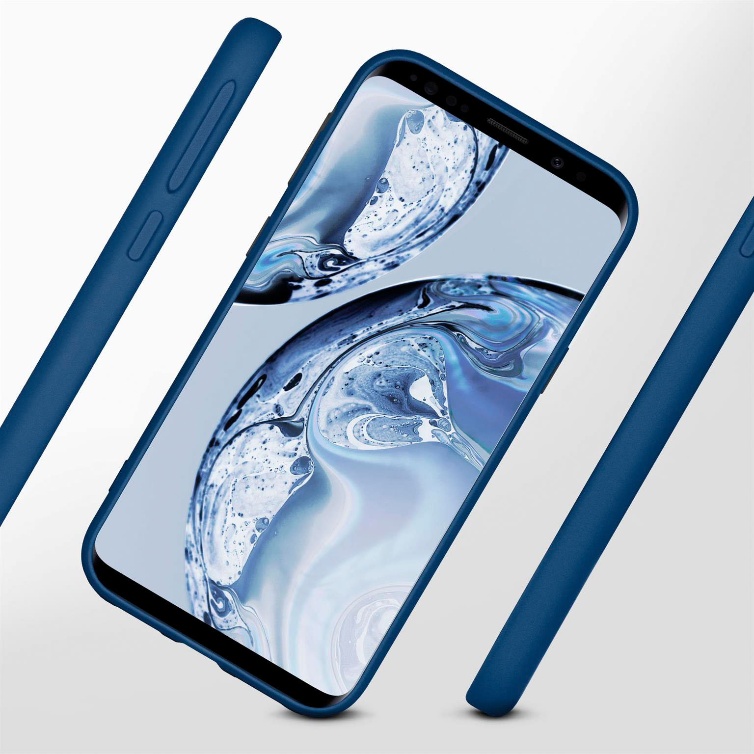 Blaue Handyhülle, mit einem Telefon darin. Das Telefon ist blau, und die Hülle ist auch blau.