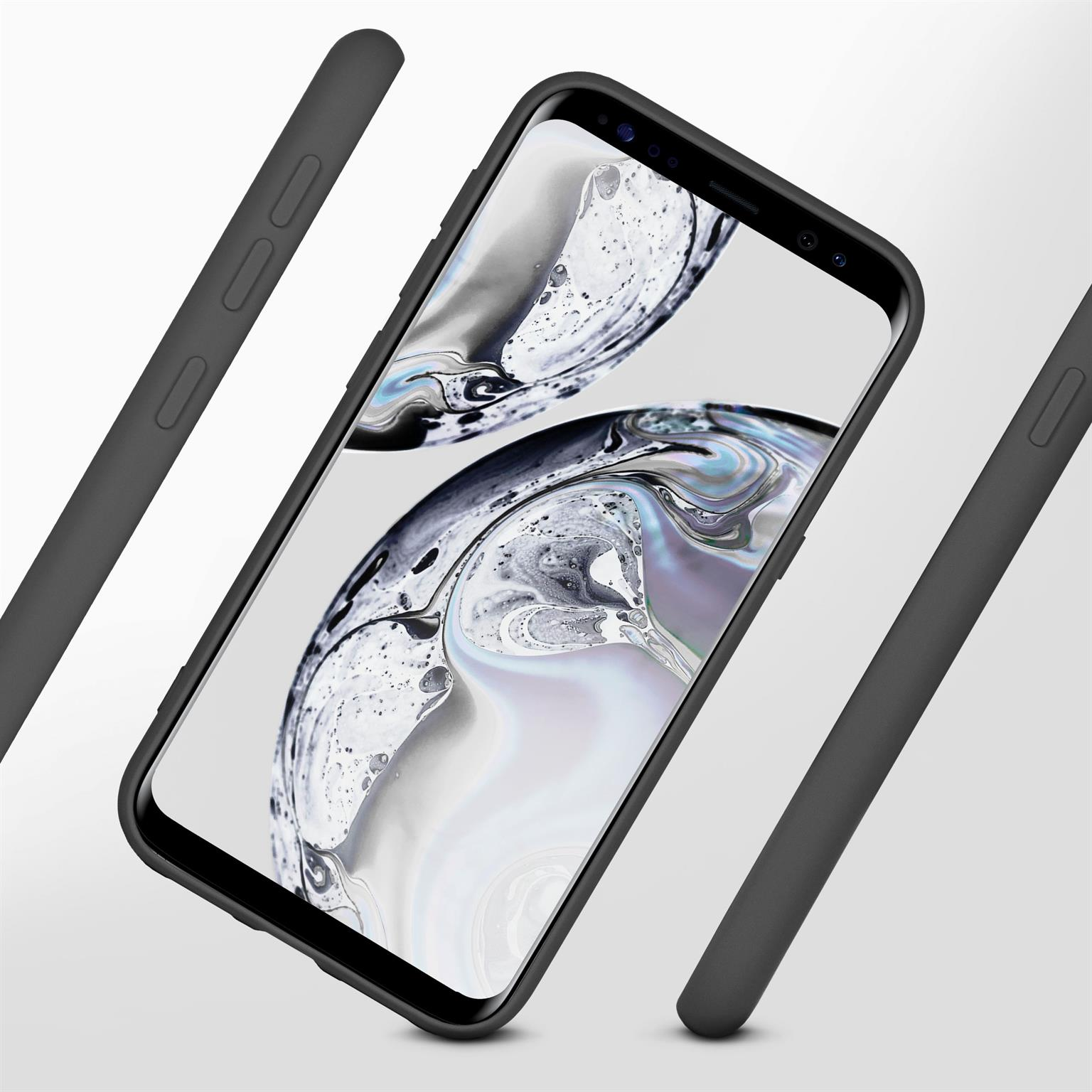 Schwarzes Telefon mit schwarzem Case. Auf dem Bildschirm wird ein modernes Design angezeigt.