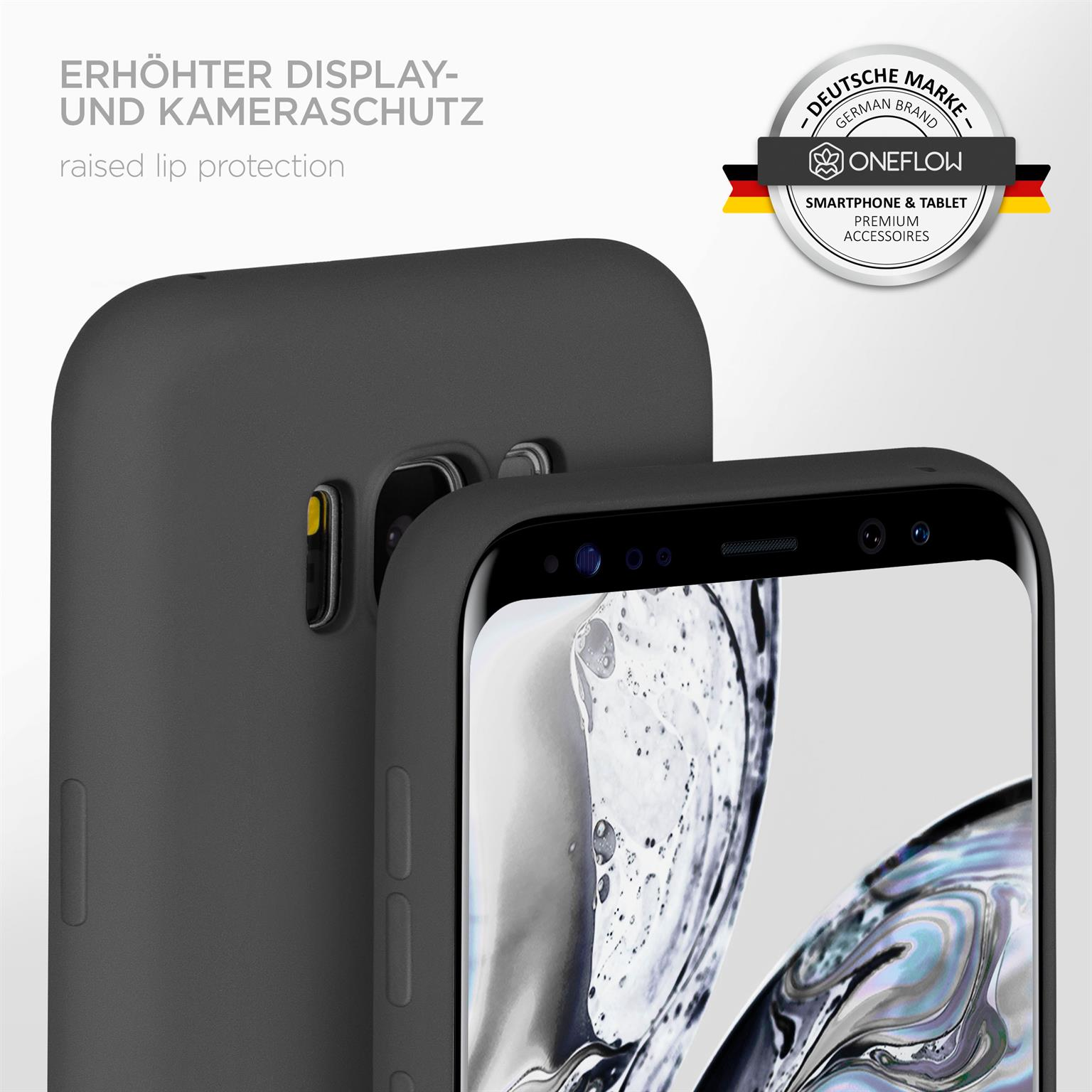 Schwarzes Telefon in grauer Hülle, erhöhter Lippenschutz und Logo.