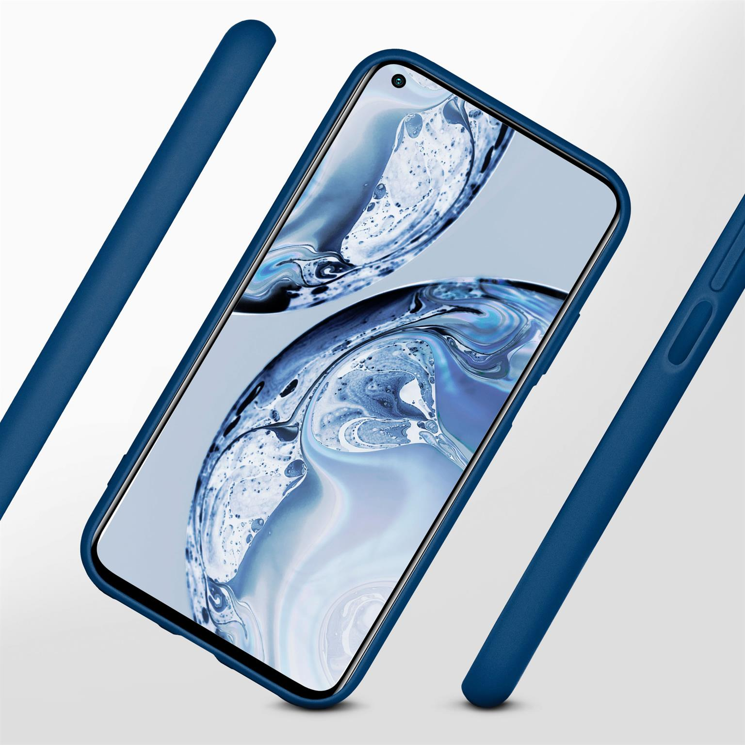 Eine blaue Handyhülle mit Telefon, blauen Akzenten und hellblauem Hintergrund.
