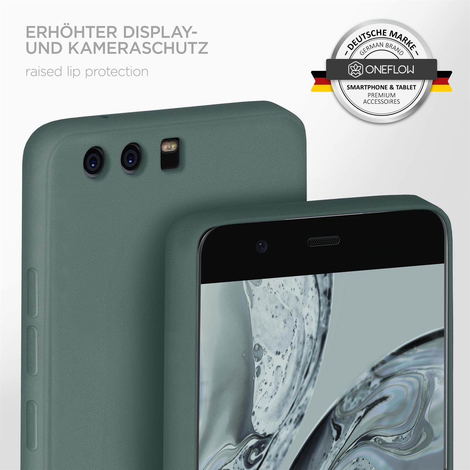 Grüne Handyhülle mit einem Telefon darin. Die Hülle liegt auf einem Telefon. Das Telefon ist grün.