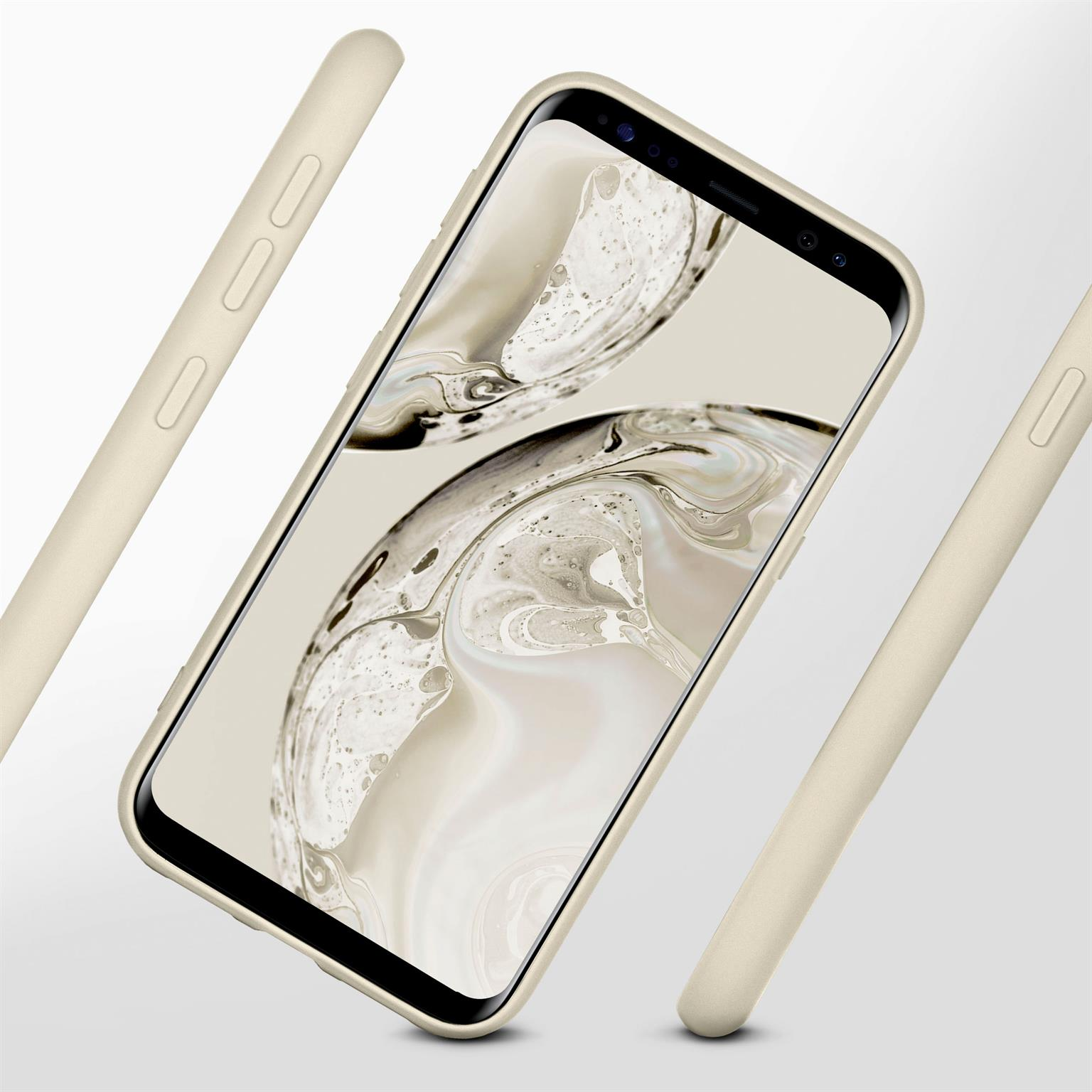 Beige Handyhülle mit Handy. Die Hülle hat Knöpfe an der Seite.